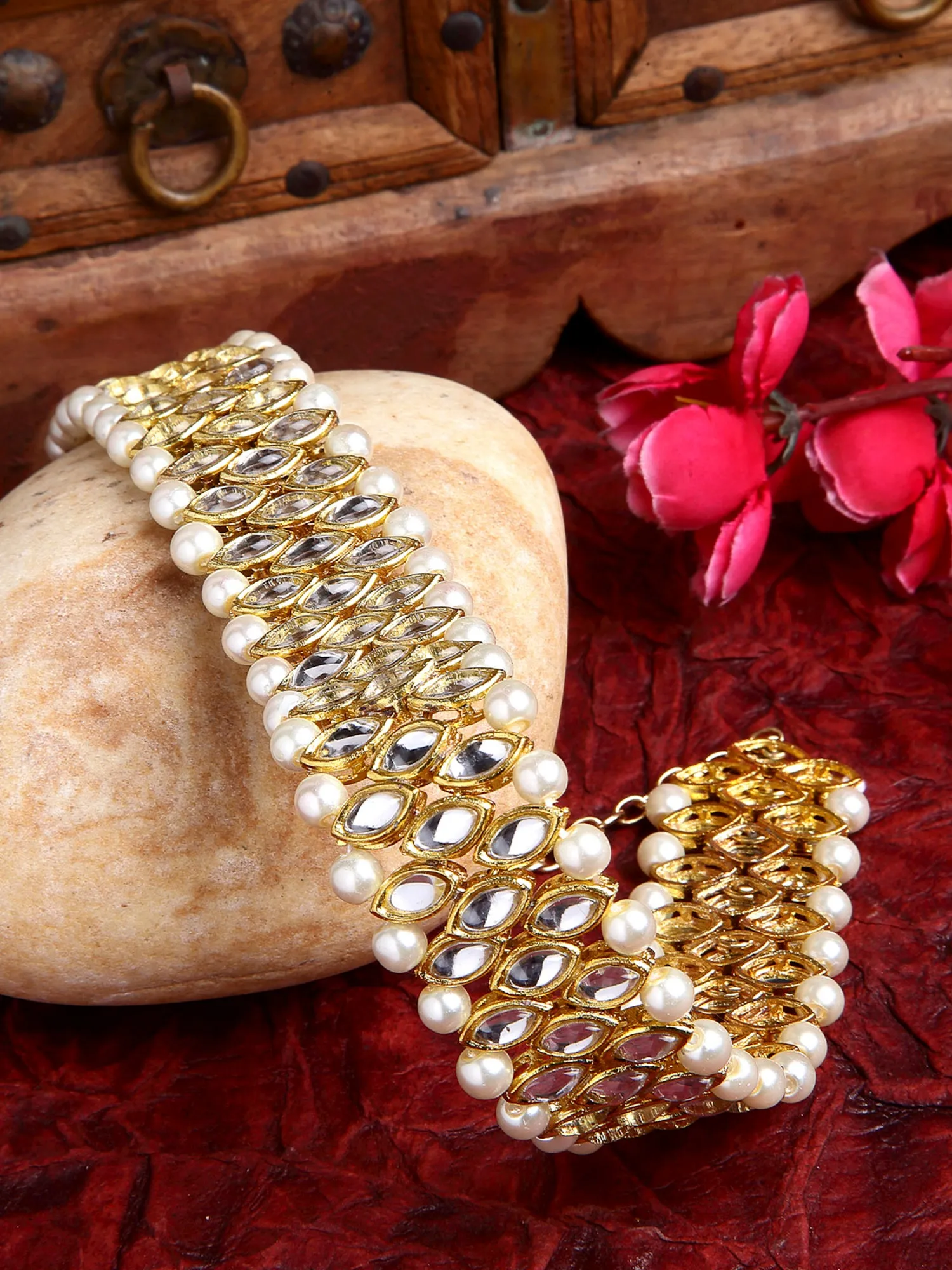 Gold Plated Kundan and Pearl Studded Handcrafted Hairband