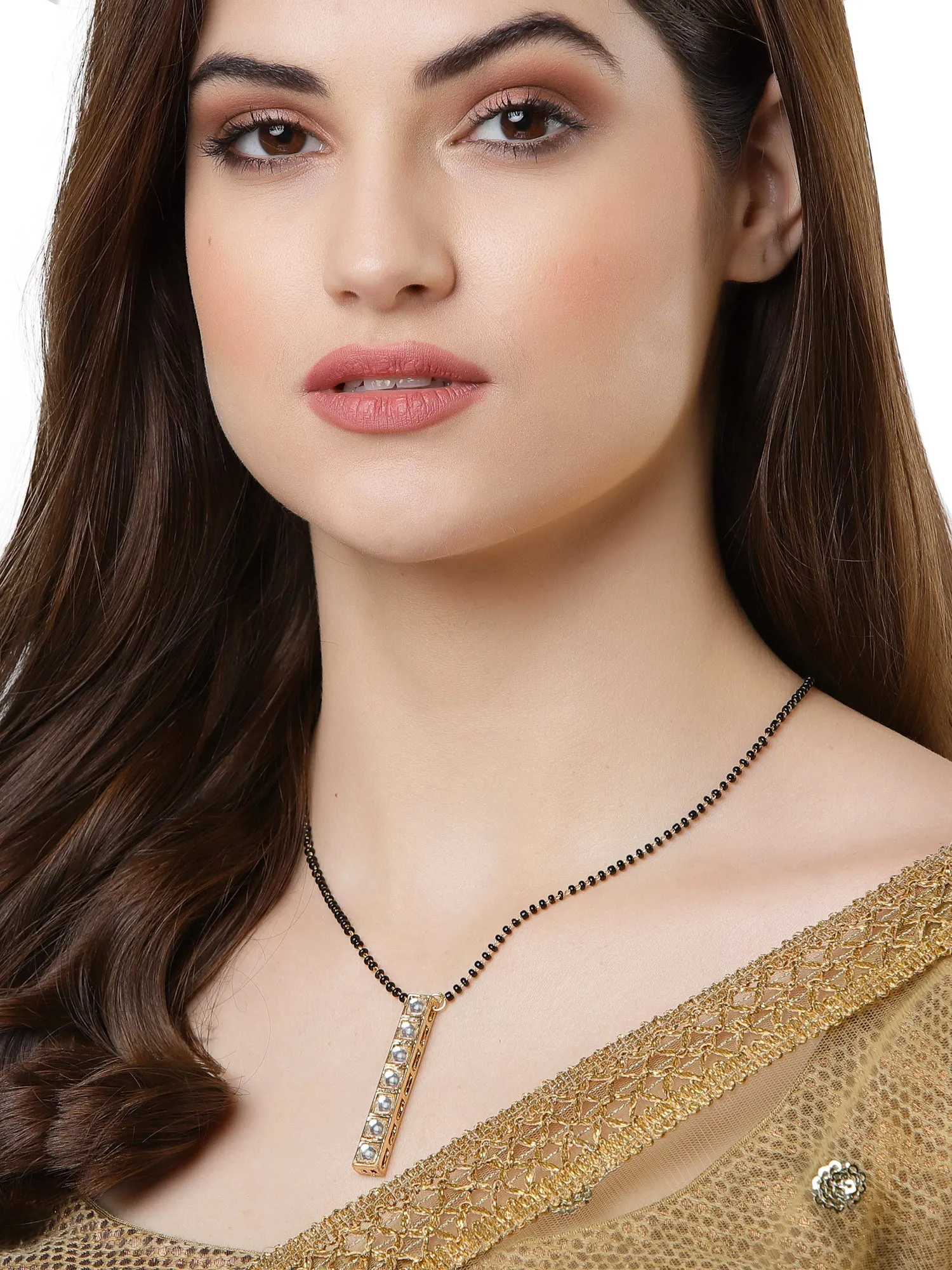 Gold Plated Kundan Mangalsutra Black Bead Chain