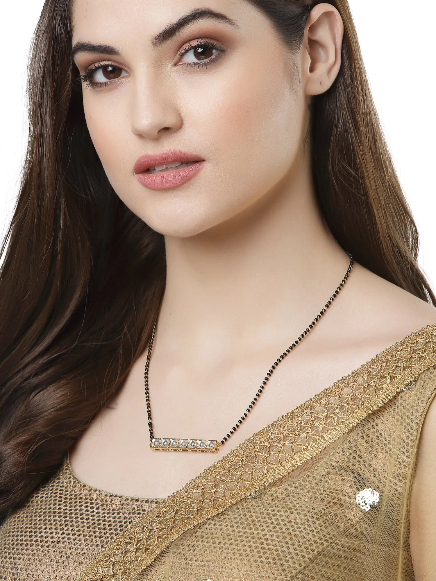 Gold Plated Kundan Mangalsutra Black Bead Golden Chain