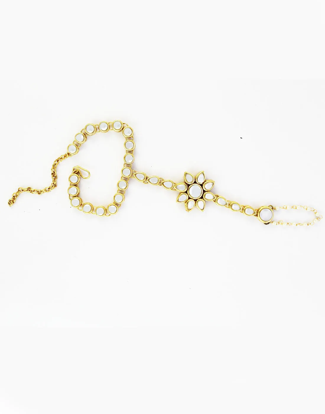 Gold-Plated Kundan Pearl Chain Hathphool