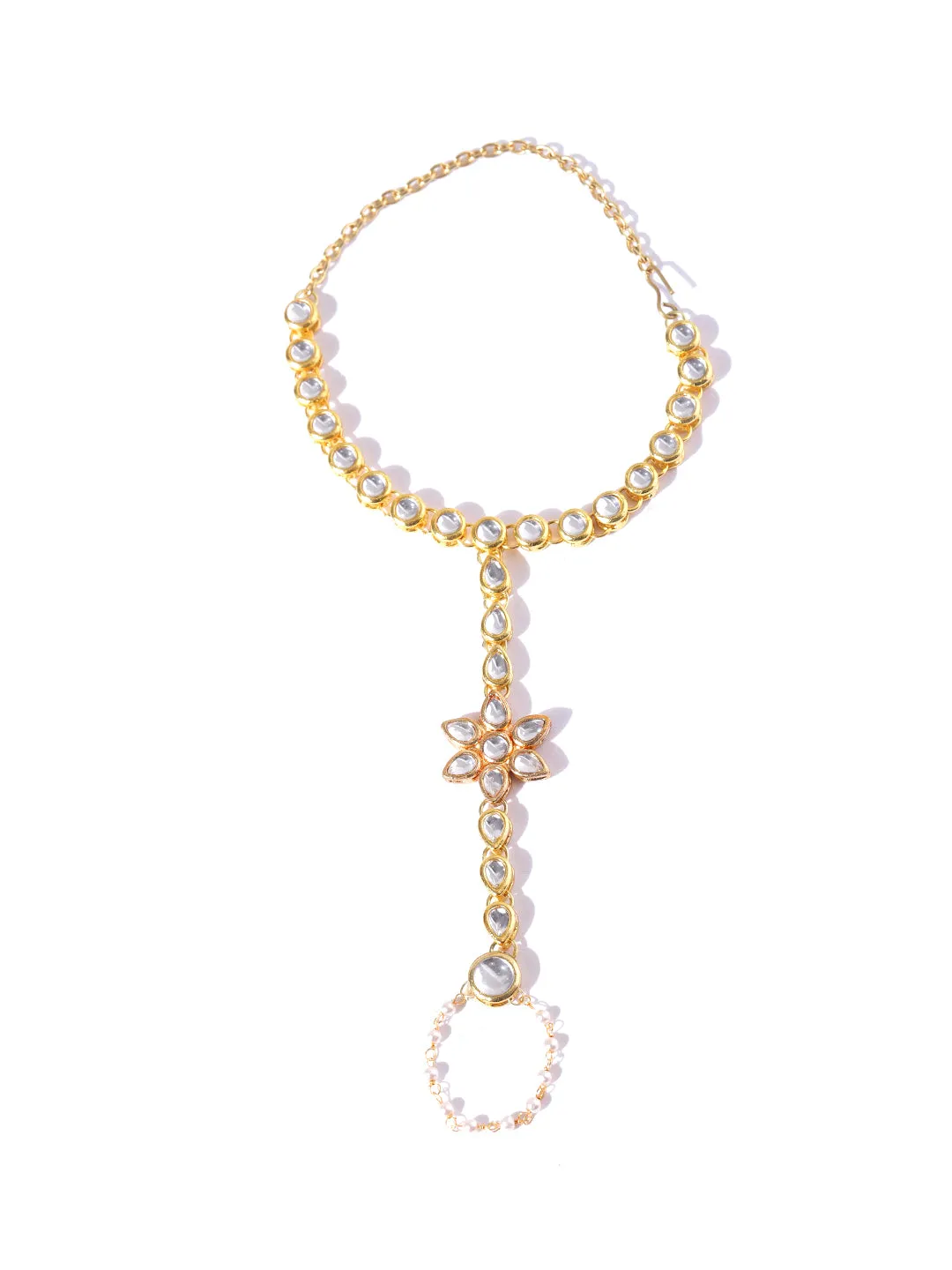 Gold-Plated Kundan Pearl Chain Hathphool