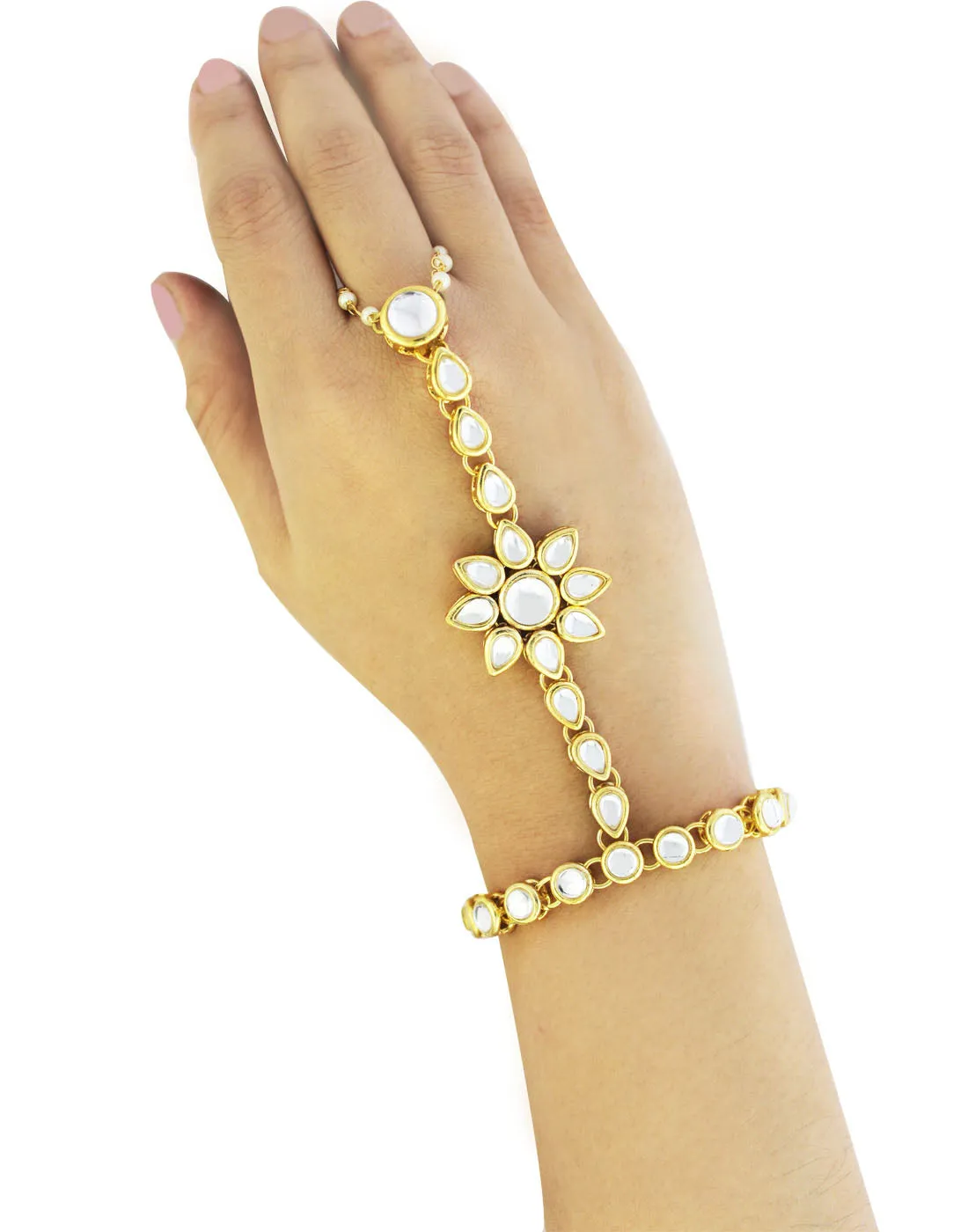 Gold-Plated Kundan Pearl Chain Hathphool