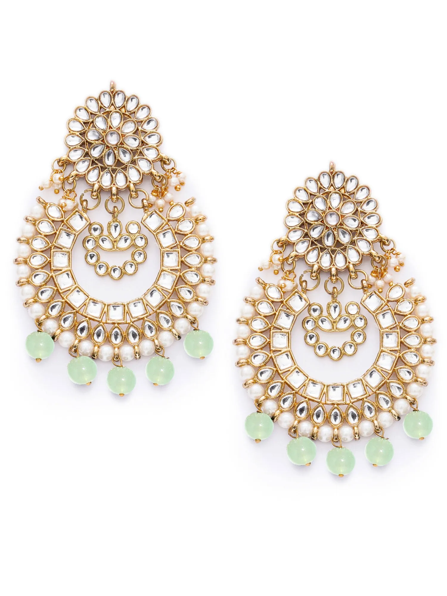 Gold Plated Light Green Drop Kundan Chandbali Earrings