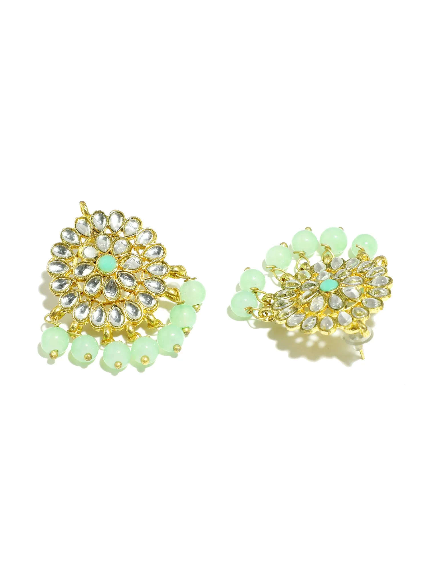 Gold Plated Lime Green Beads Kundan Dangler Earrings with Maangtikka for Women