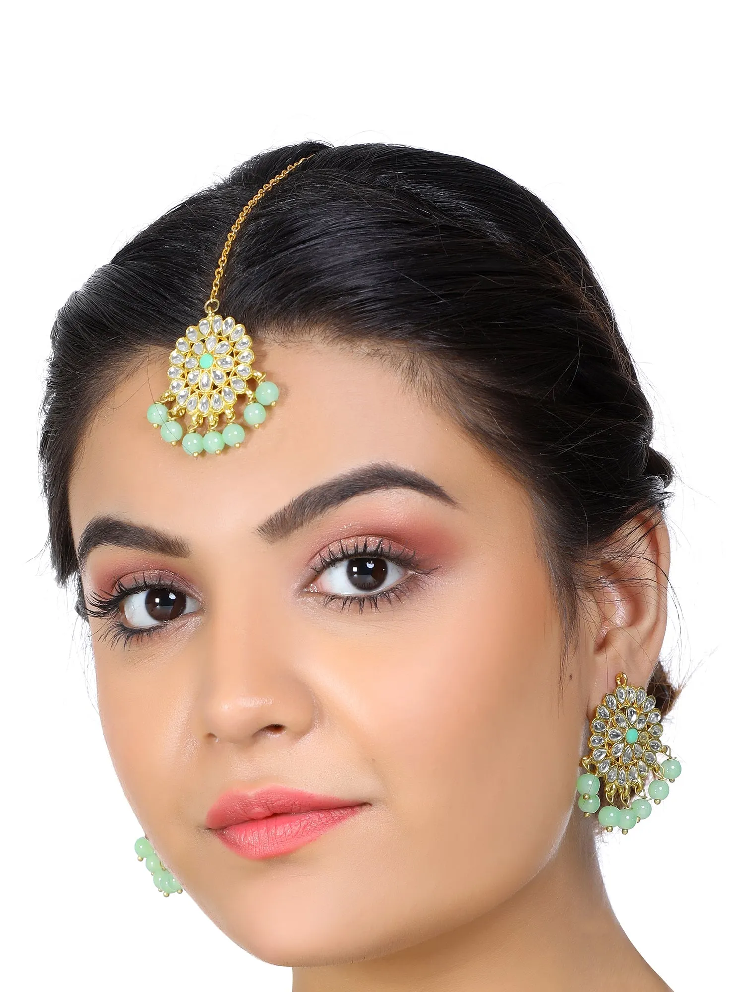 Gold Plated Lime Green Beads Kundan Dangler Earrings with Maangtikka for Women