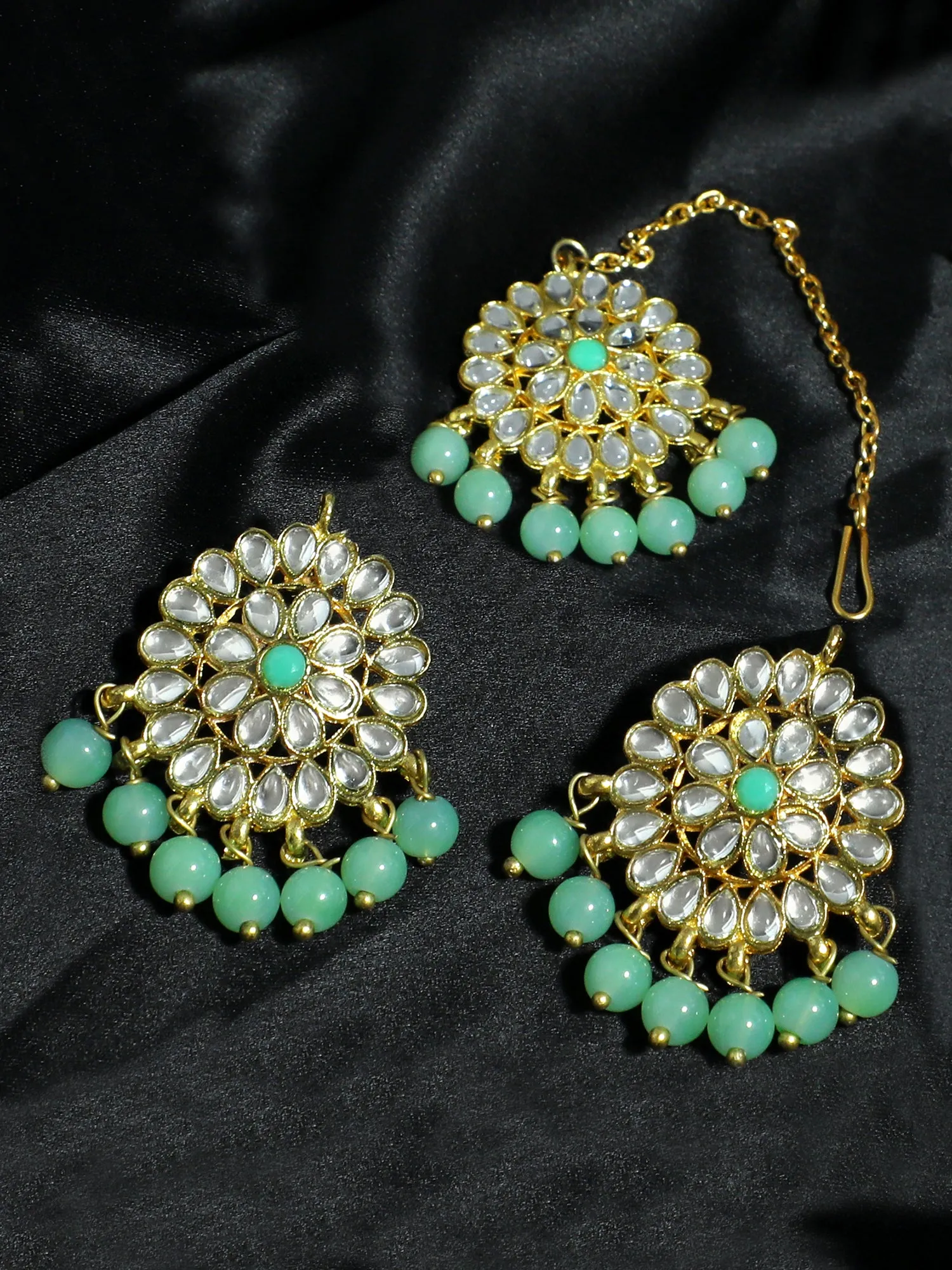 Gold Plated Lime Green Beads Kundan Dangler Earrings with Maangtikka for Women