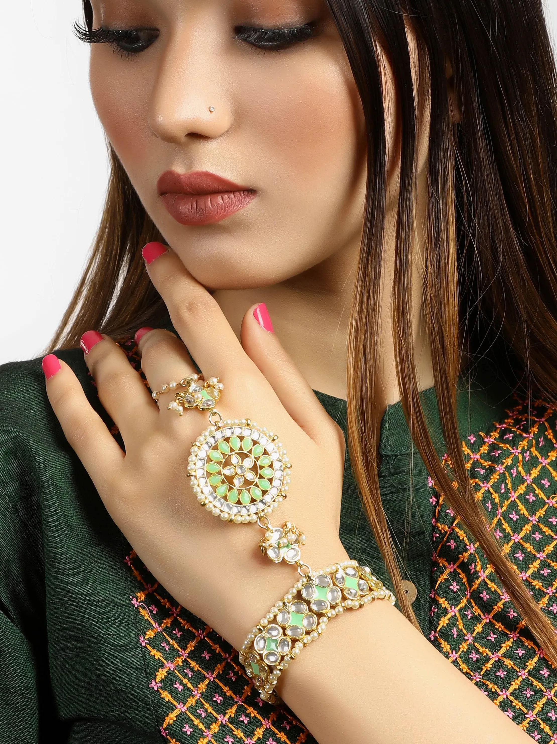 Gold Plated Lime Green Meena Work Kundan Hathphool