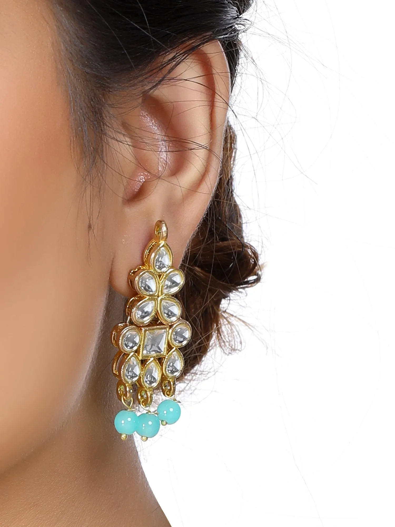 Gold Plated Mint Blue Beads Kundan Dangler Earrings for Women