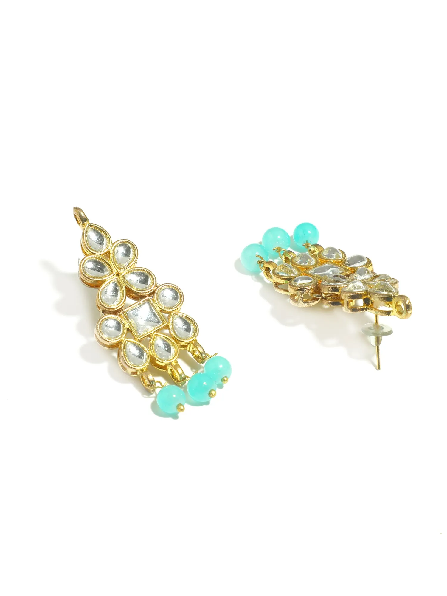 Gold Plated Mint Blue Beads Kundan Dangler Earrings for Women