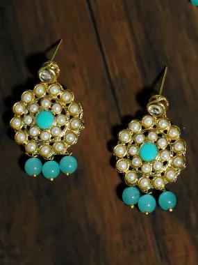 Gold Plated Mint Blue Beads Kundan Dangler Earrings for Women