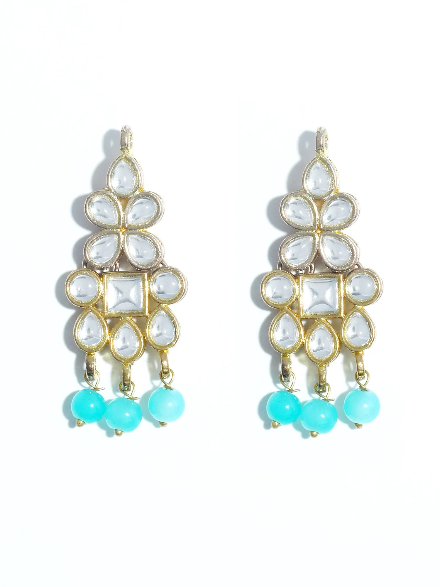 Gold Plated Mint Blue Beads Kundan Dangler Earrings with Maangtikka for Women