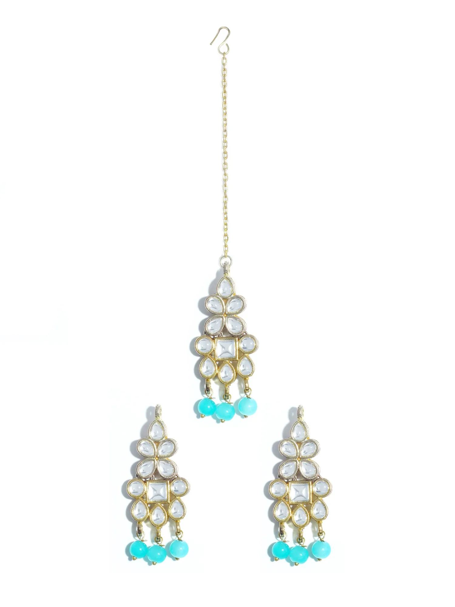 Gold Plated Mint Blue Beads Kundan Dangler Earrings with Maangtikka for Women