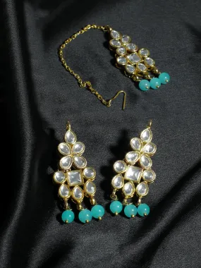 Gold Plated Mint Blue Beads Kundan Dangler Earrings with Maangtikka for Women