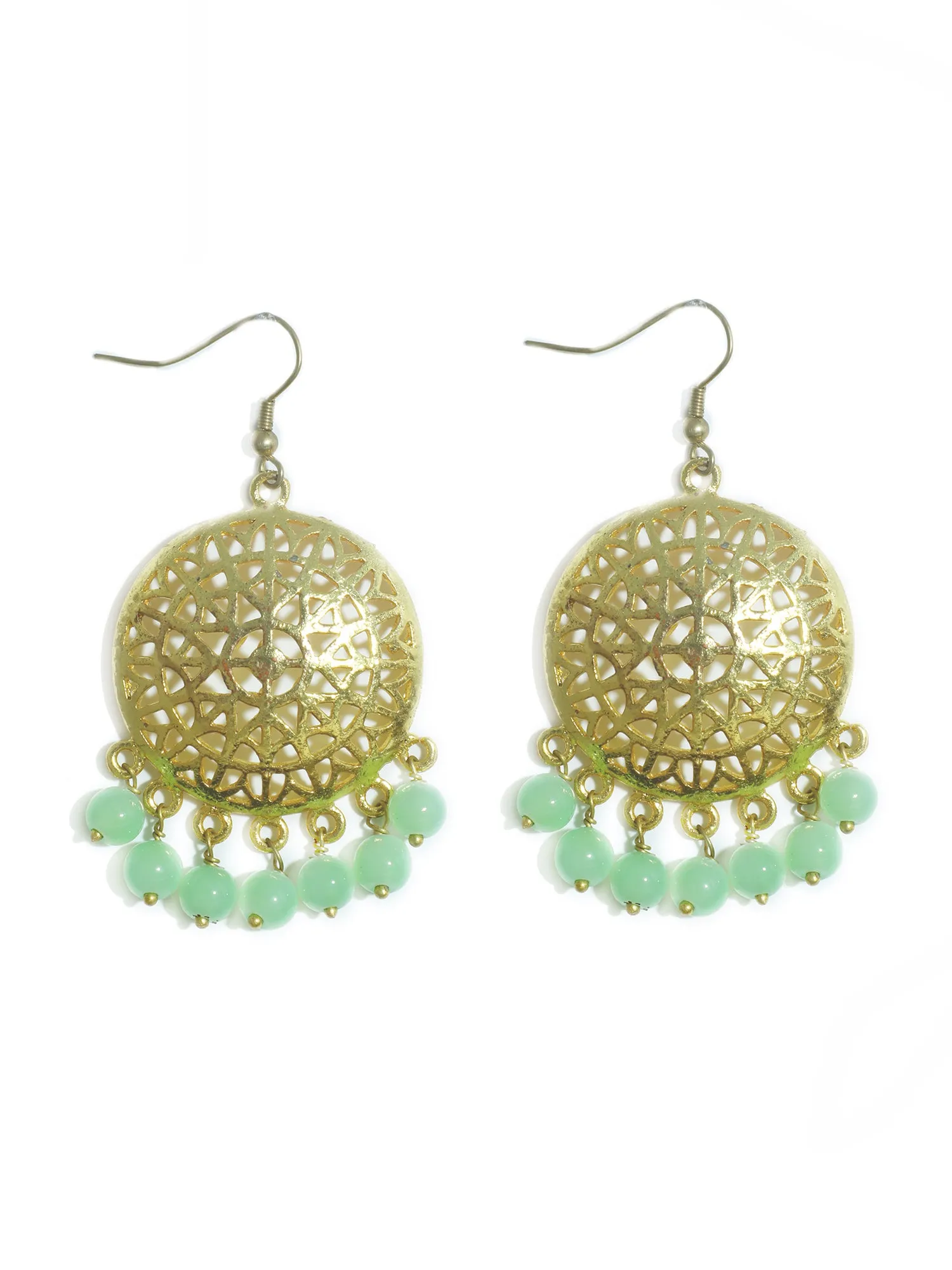 Gold Plated Mint Green Beads Kundan Dangler Earrings for Women