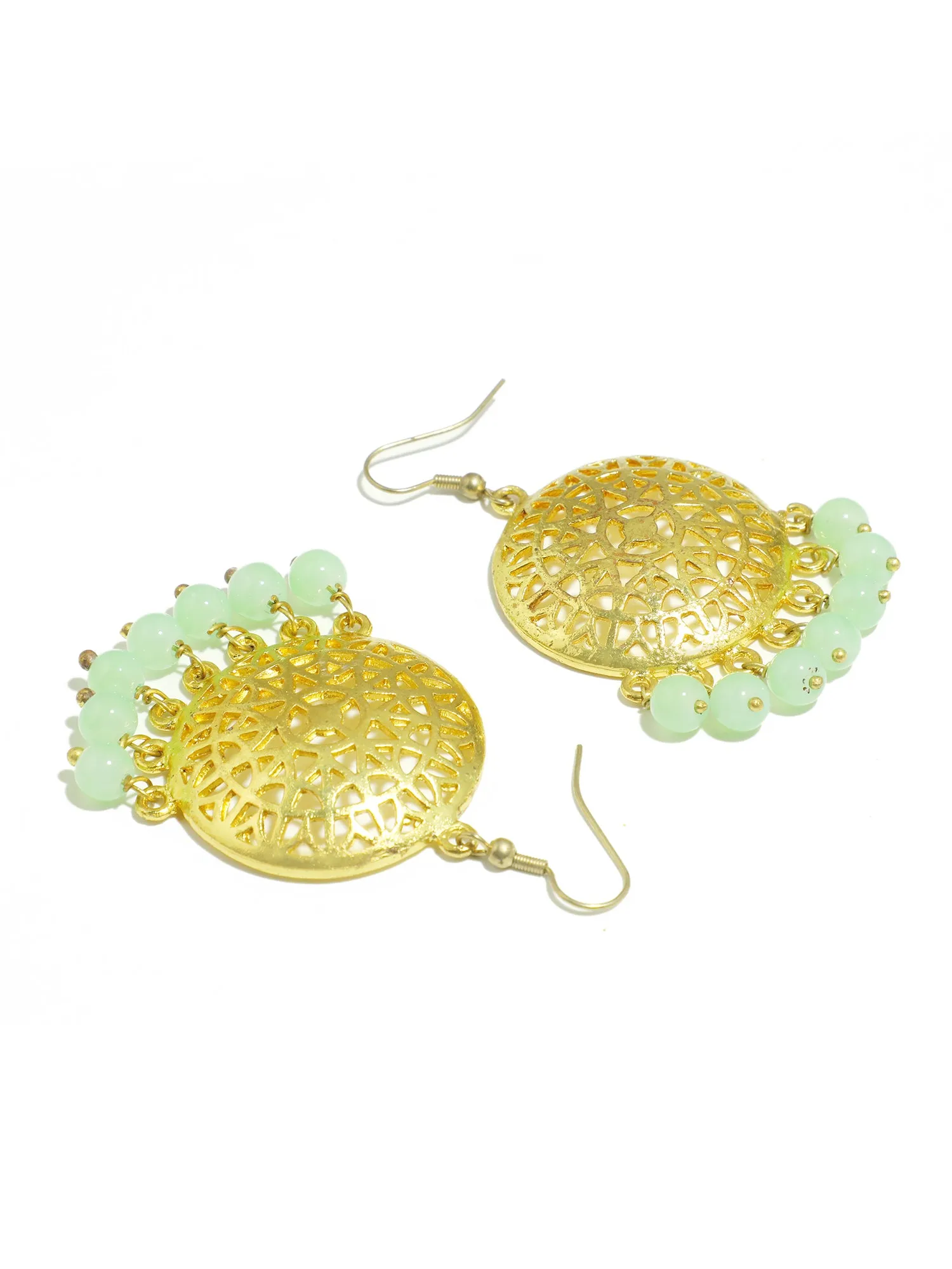 Gold Plated Mint Green Beads Kundan Dangler Earrings for Women