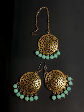 Gold Plated Mint Green Beads Kundan Dangler Earrings with Maangtikka for Women