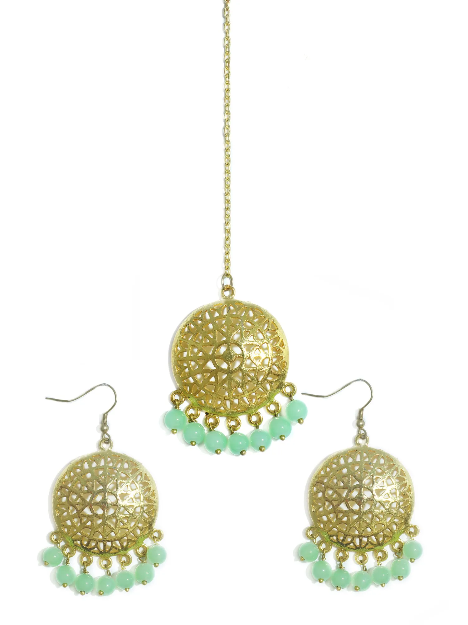 Gold Plated Mint Green Beads Kundan Dangler Earrings with Maangtikka for Women