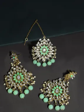 Gold Plated Mint Green Beads Kundan Dangler Earrings with Maangtikka for Women