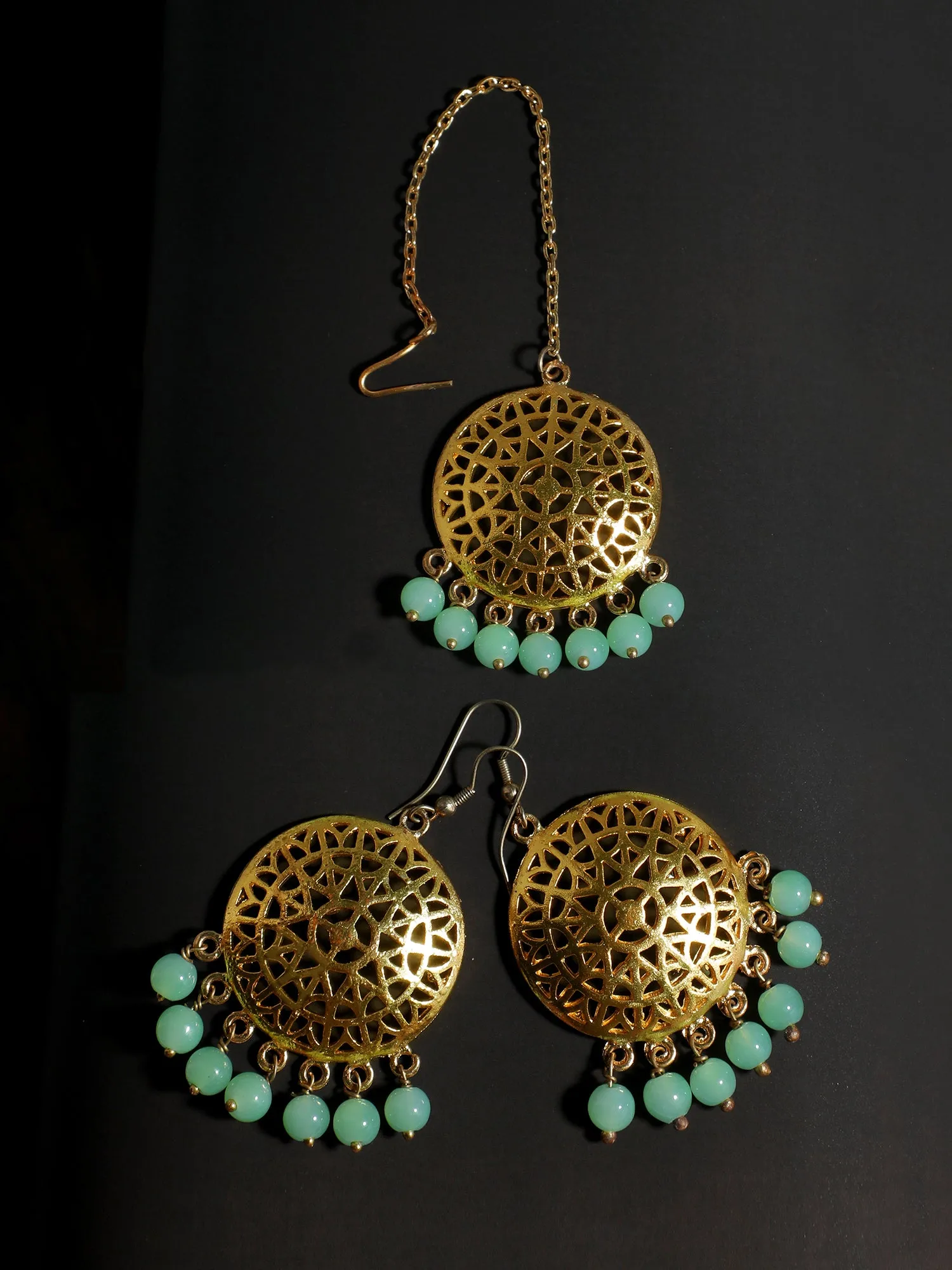 Gold Plated Mint Green Beads Kundan Dangler Earrings with Maangtikka for Women