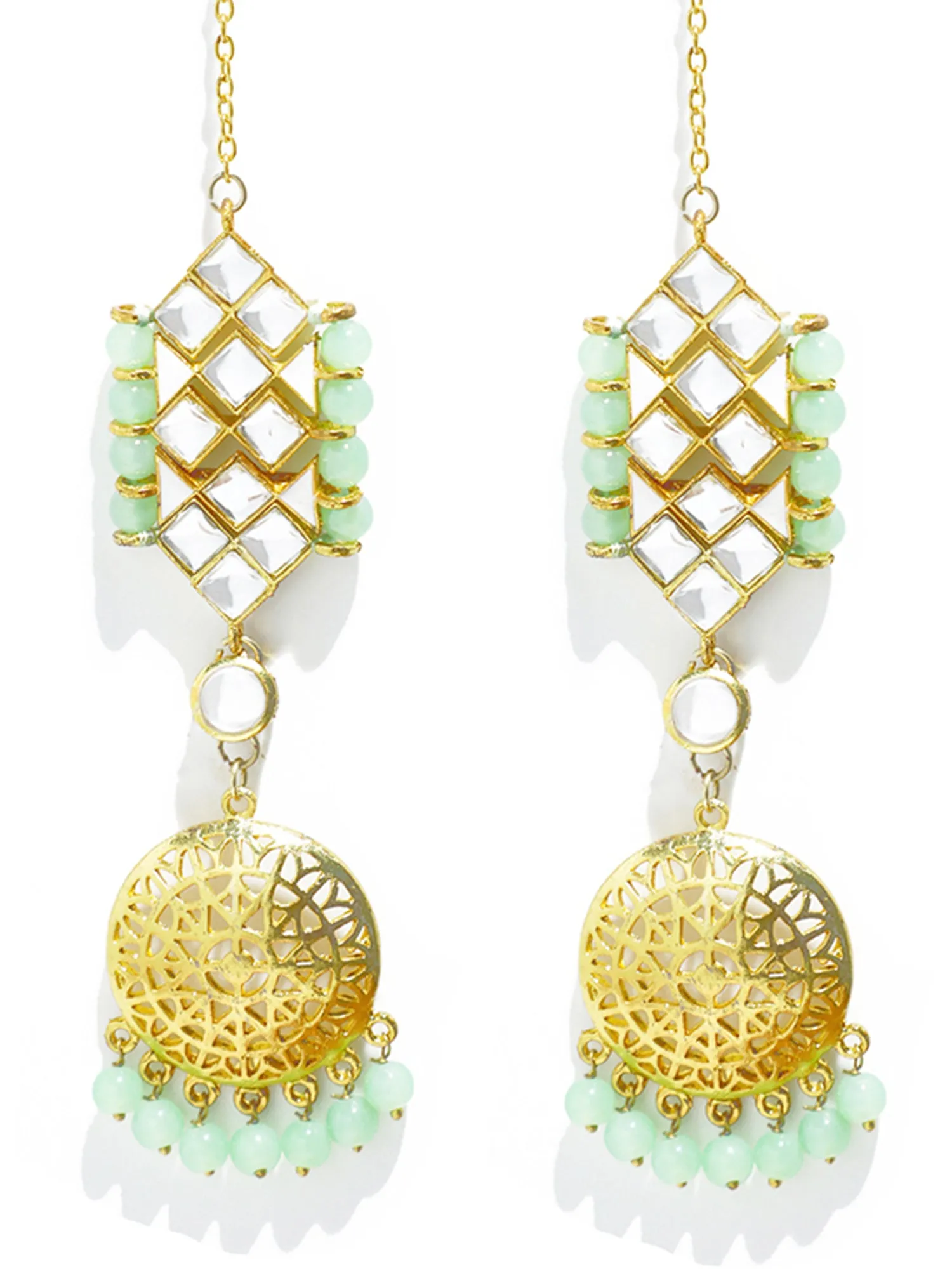 Gold Plated Mint Green Beads Kundan Kaanchain Earrings for Women