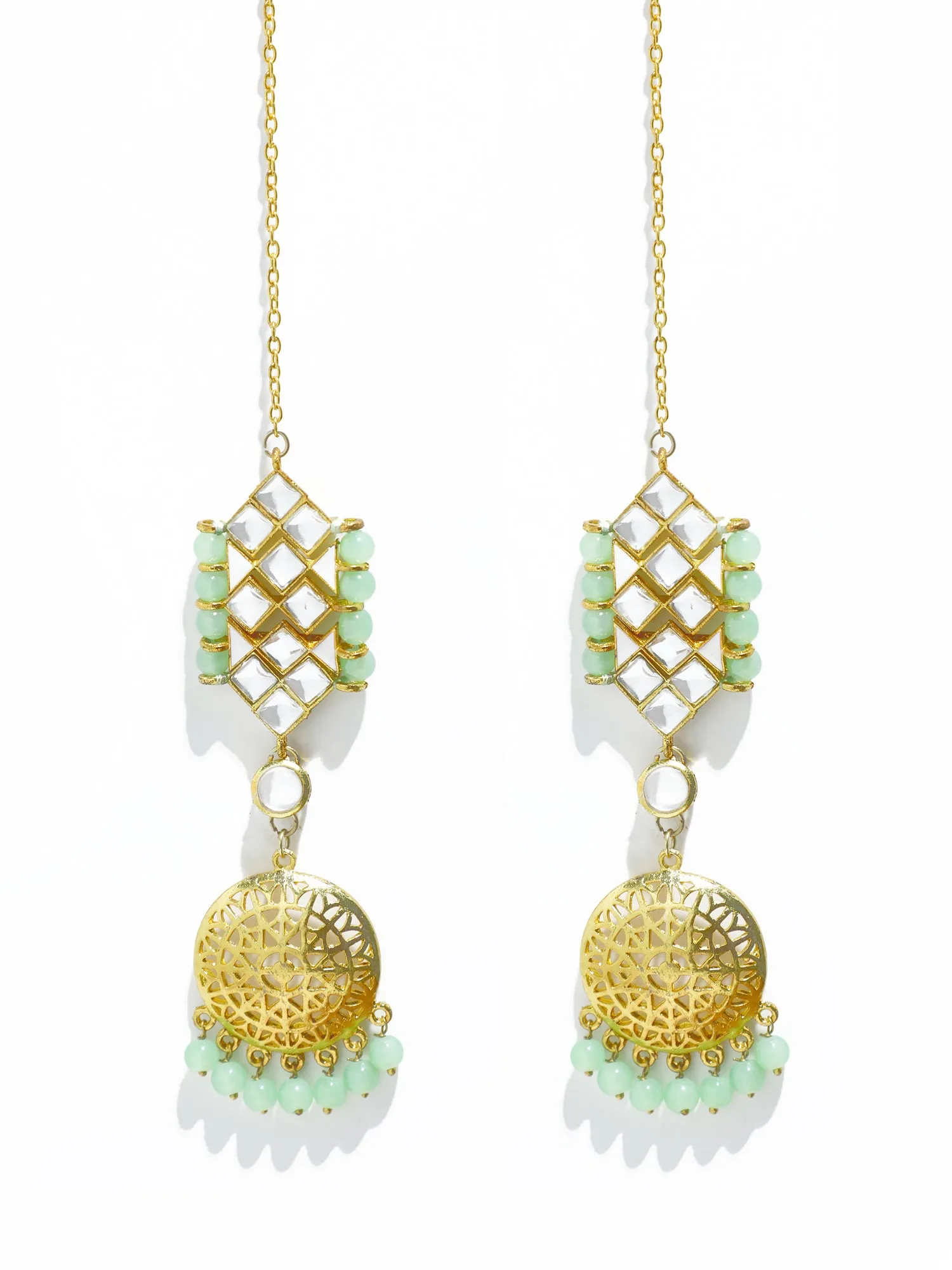 Gold Plated Mint Green Beads Kundan Kaanchain Earrings for Women