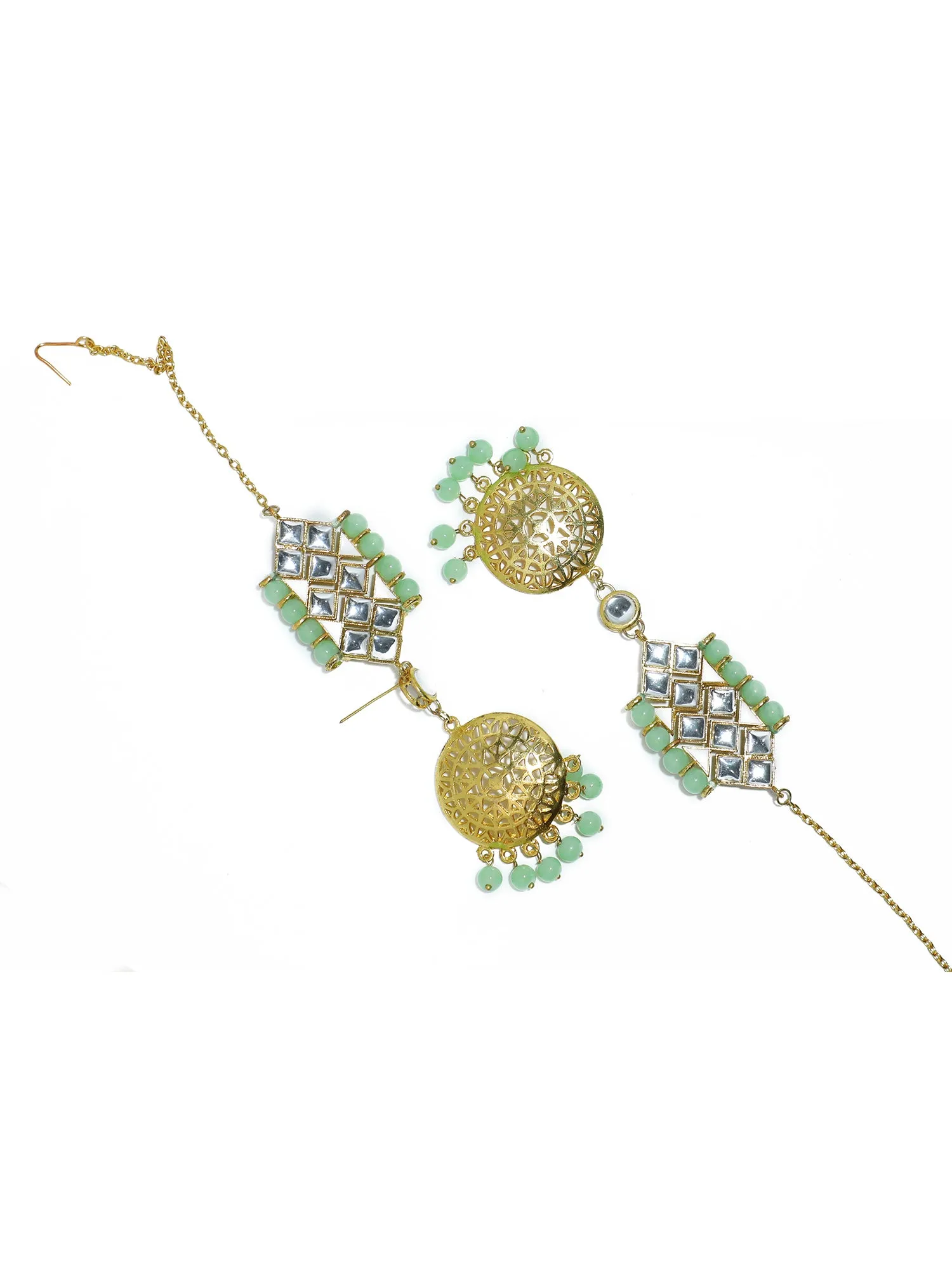 Gold Plated Mint Green Beads Kundan Kaanchain Earrings for Women