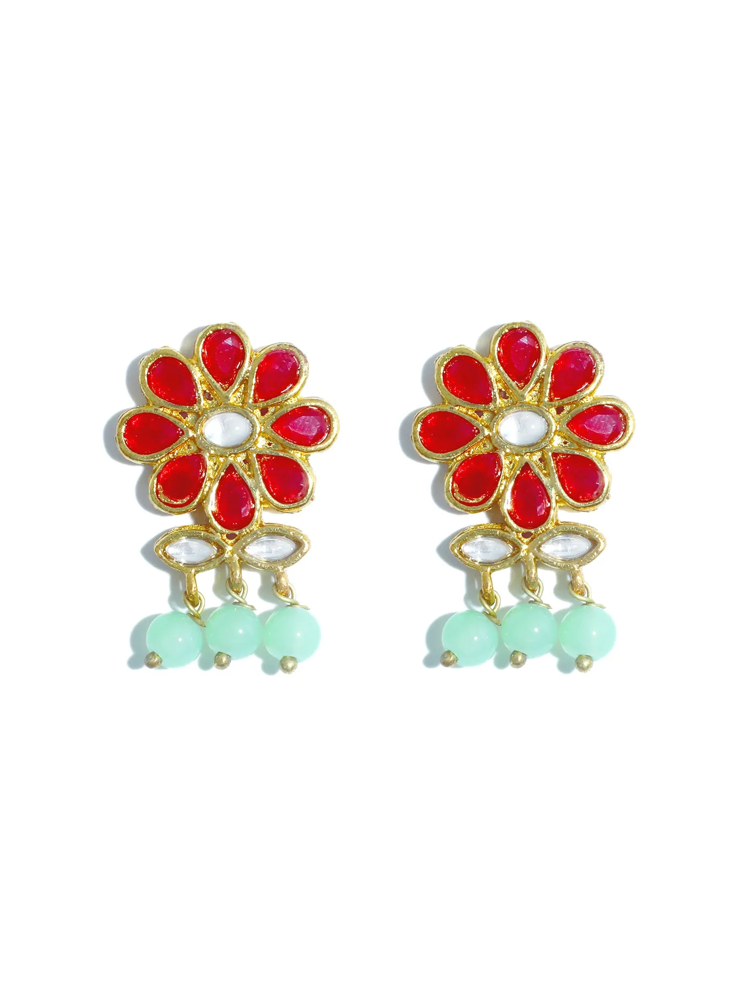 Gold Plated Mint Green Beads Red Kundan Dangler Earrings with Maangtikka for Women