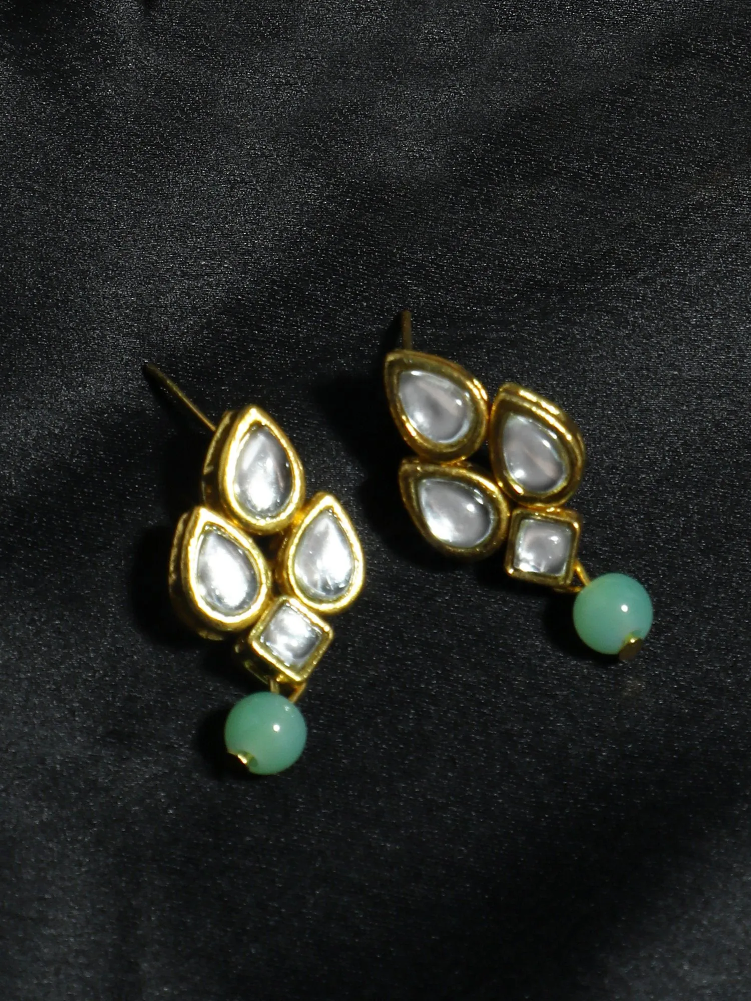 Gold Plated Mint Green Beads White Kundan Dangler Earrings for Women