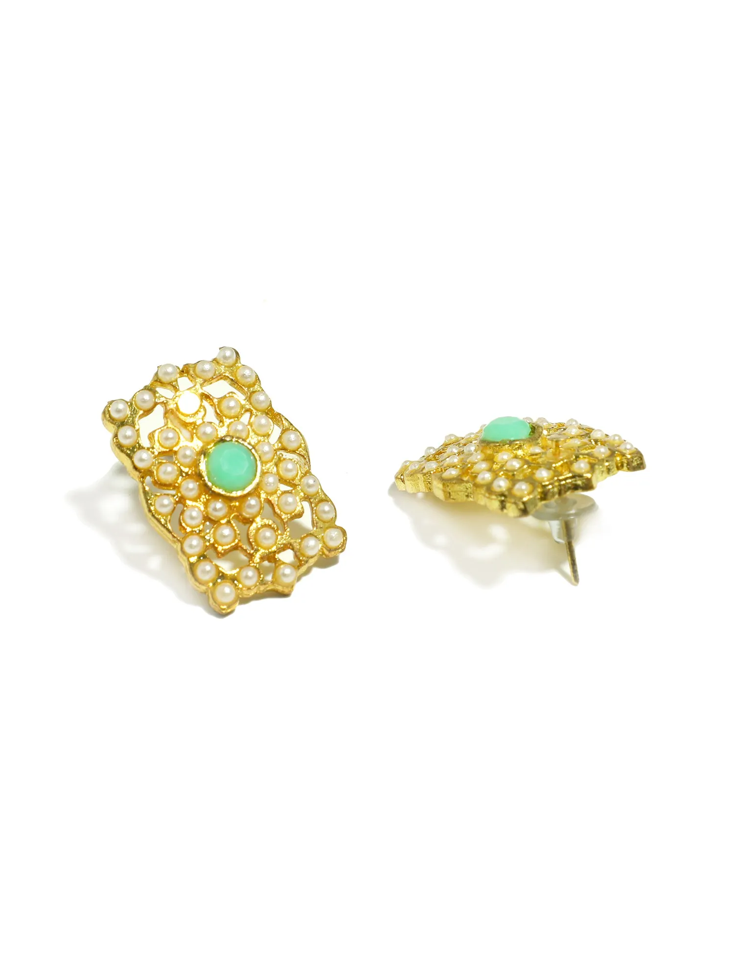 Gold Plated Mint Green Kundan Stud Earrings for Women