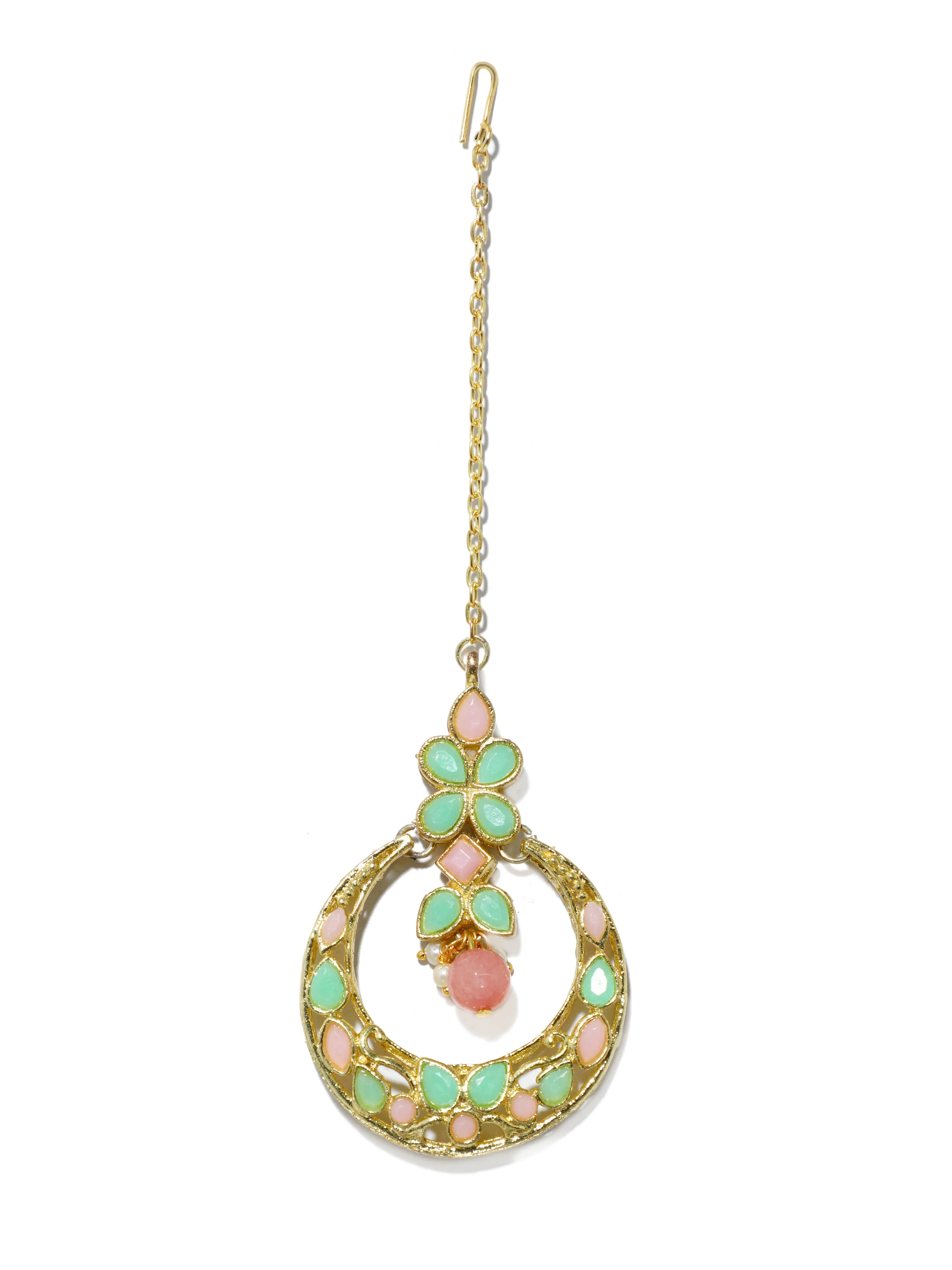 Gold Plated Peach and Mint Green Kundan Chnadbali Earrings with Maangtikka