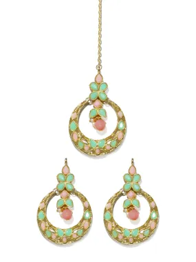 Gold Plated Peach and Mint Green Kundan Chnadbali Earrings with Maangtikka