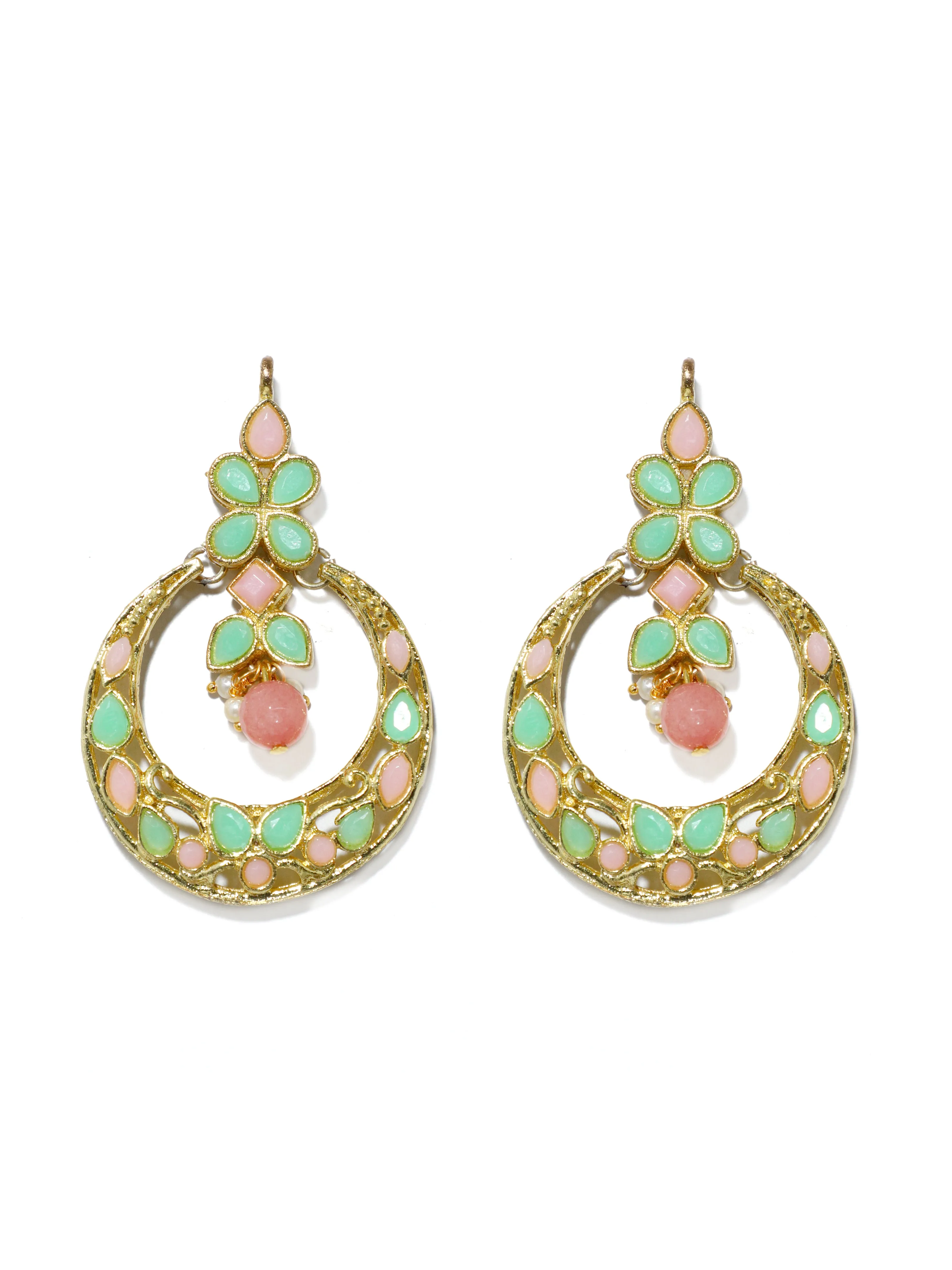 Gold Plated Peach and Mint Green Kundan Chnadbali Earrings with Maangtikka