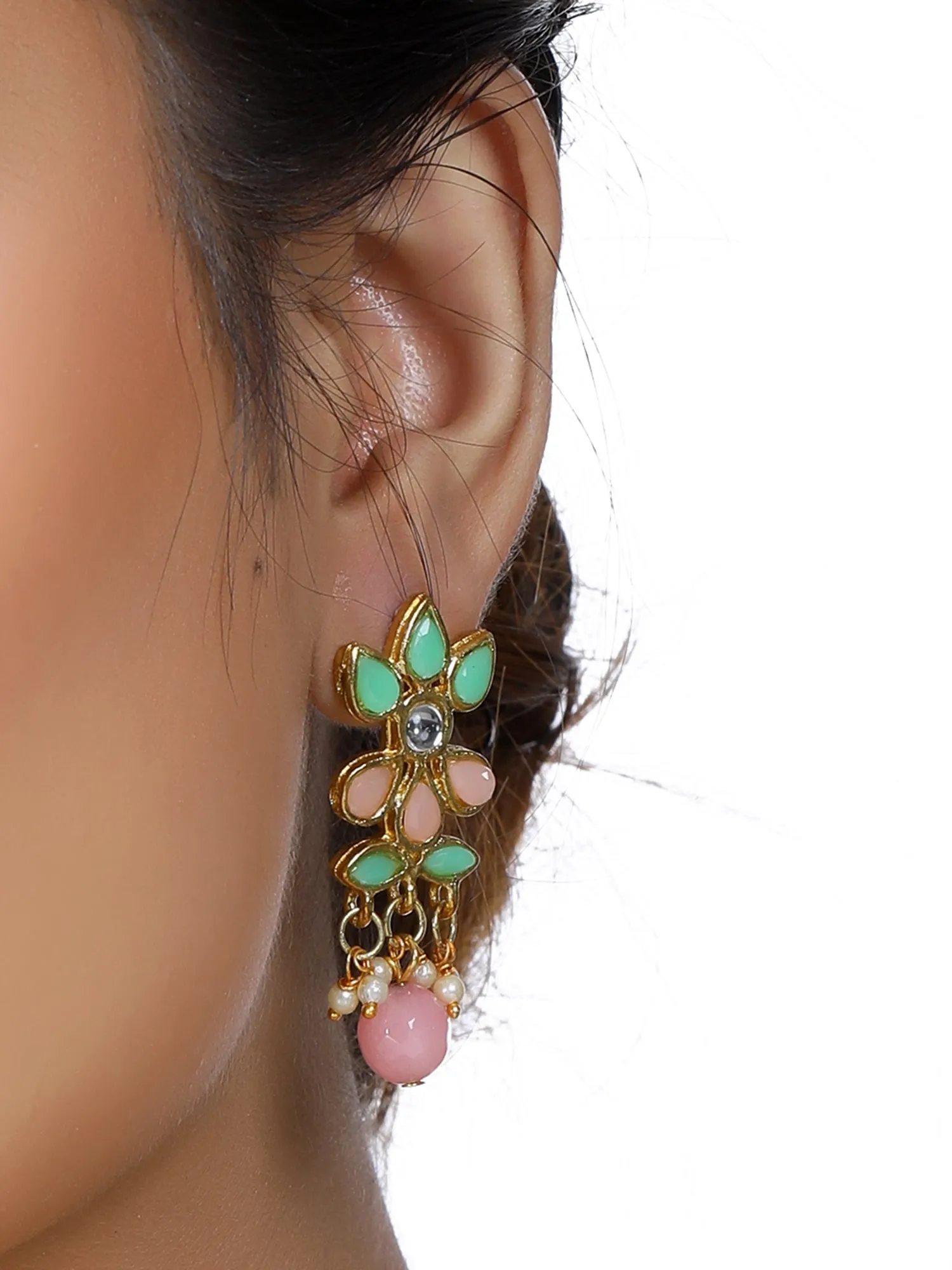 Gold Plated Peach and Mint Green Kundan Dangler Earrings for Women