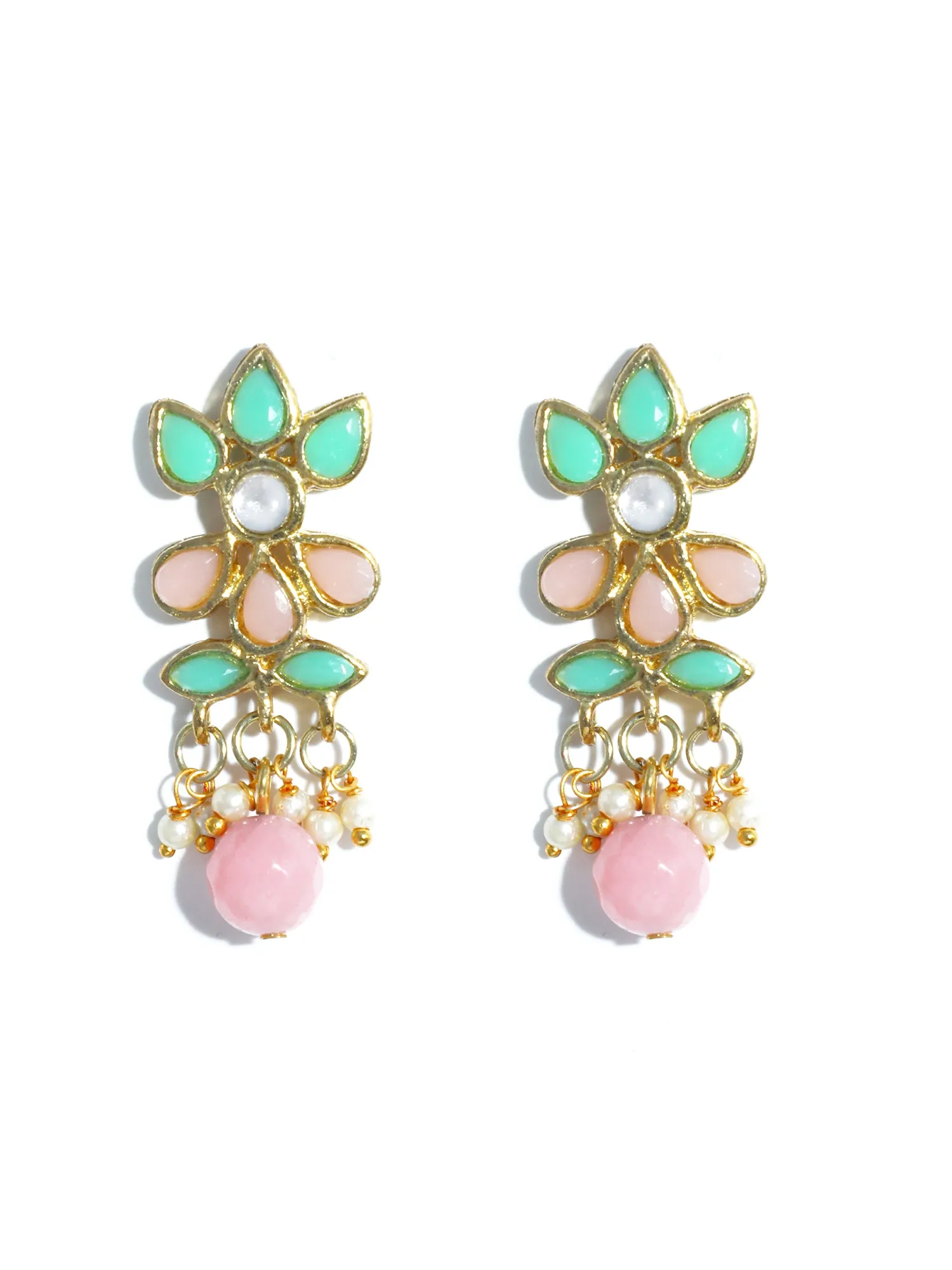 Gold Plated Peach and Mint Green Kundan Dangler Earrings with Maangtikka for Women