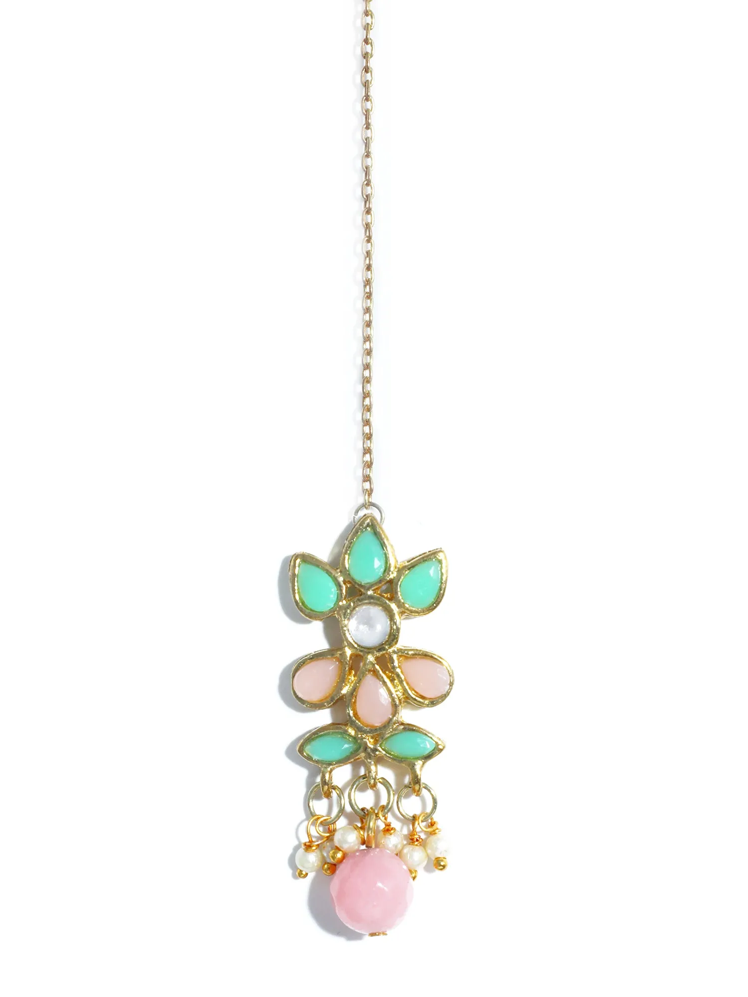 Gold Plated Peach and Mint Green Kundan Dangler Earrings with Maangtikka for Women