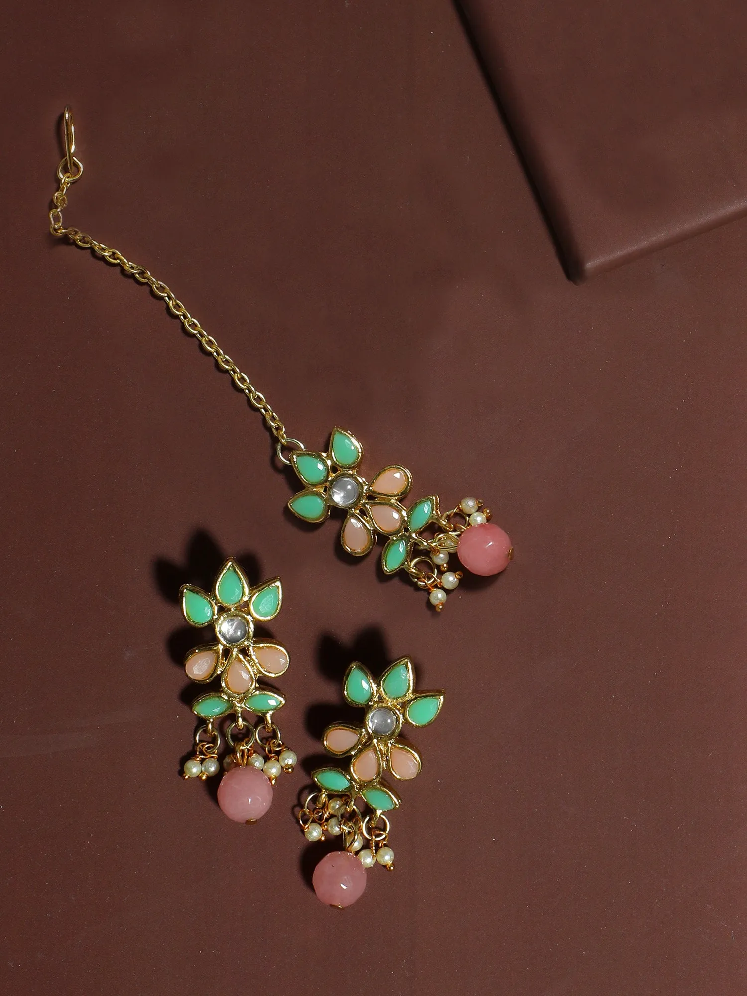 Gold Plated Peach and Mint Green Kundan Dangler Earrings with Maangtikka for Women