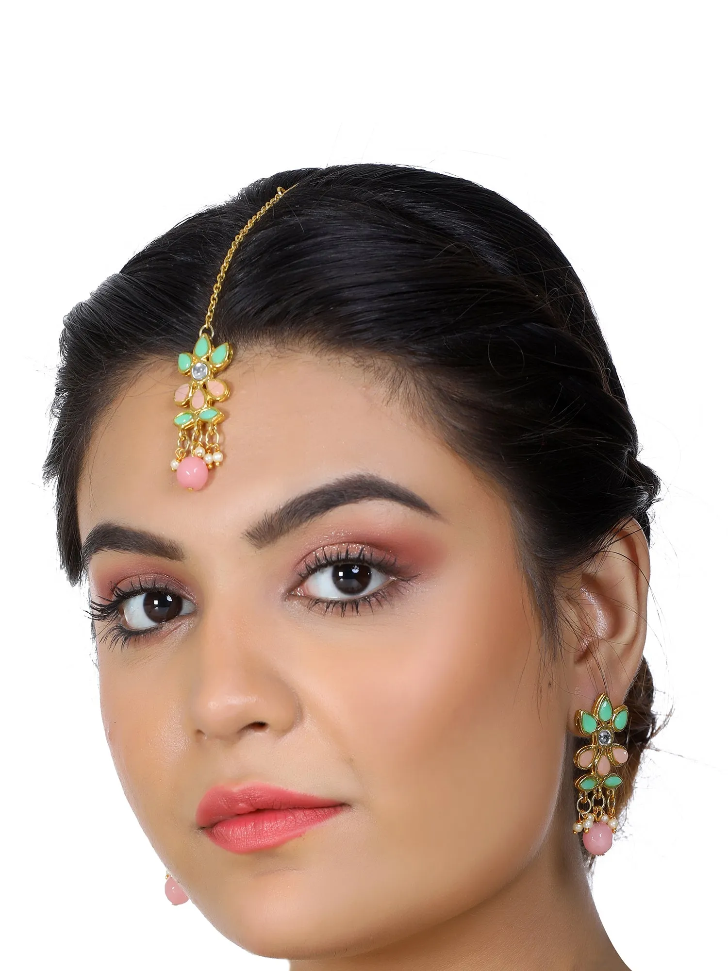 Gold Plated Peach and Mint Green Kundan Dangler Earrings with Maangtikka for Women