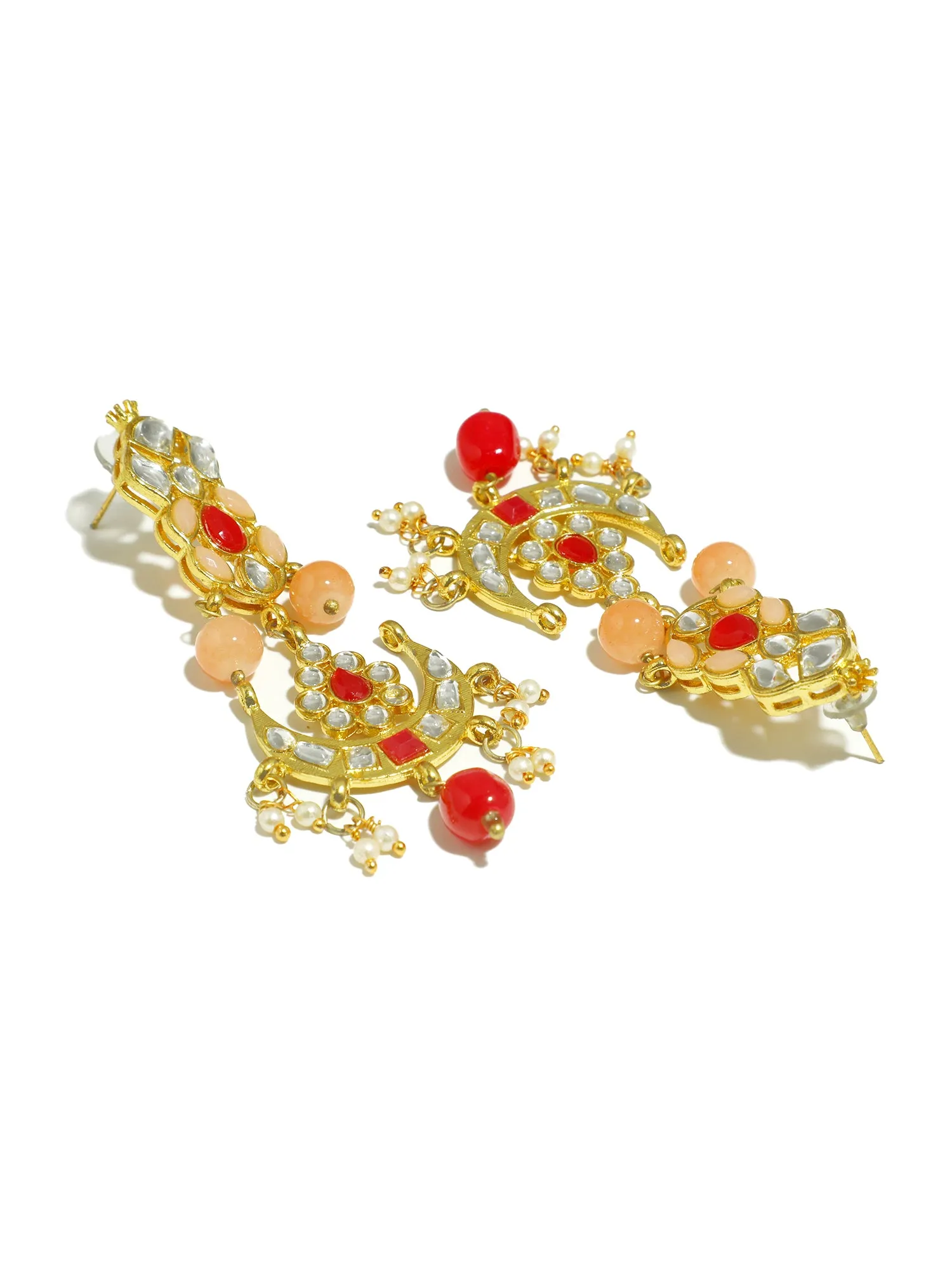 Gold Plated Peach and Red Beads Kundan Dangler Earrings with Maangtikka for Women