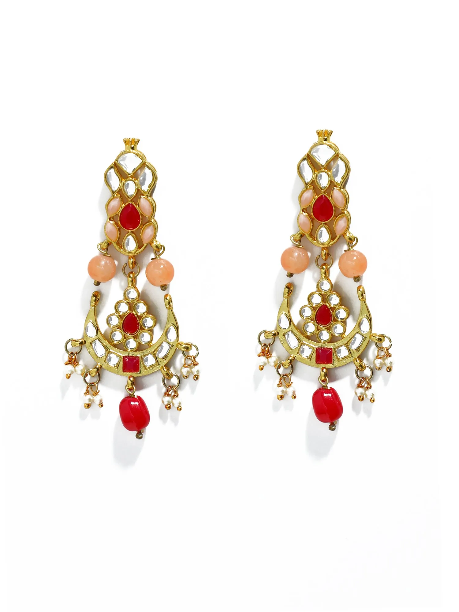 Gold Plated Peach and Red Beads Kundan Dangler Earrings with Maangtikka for Women