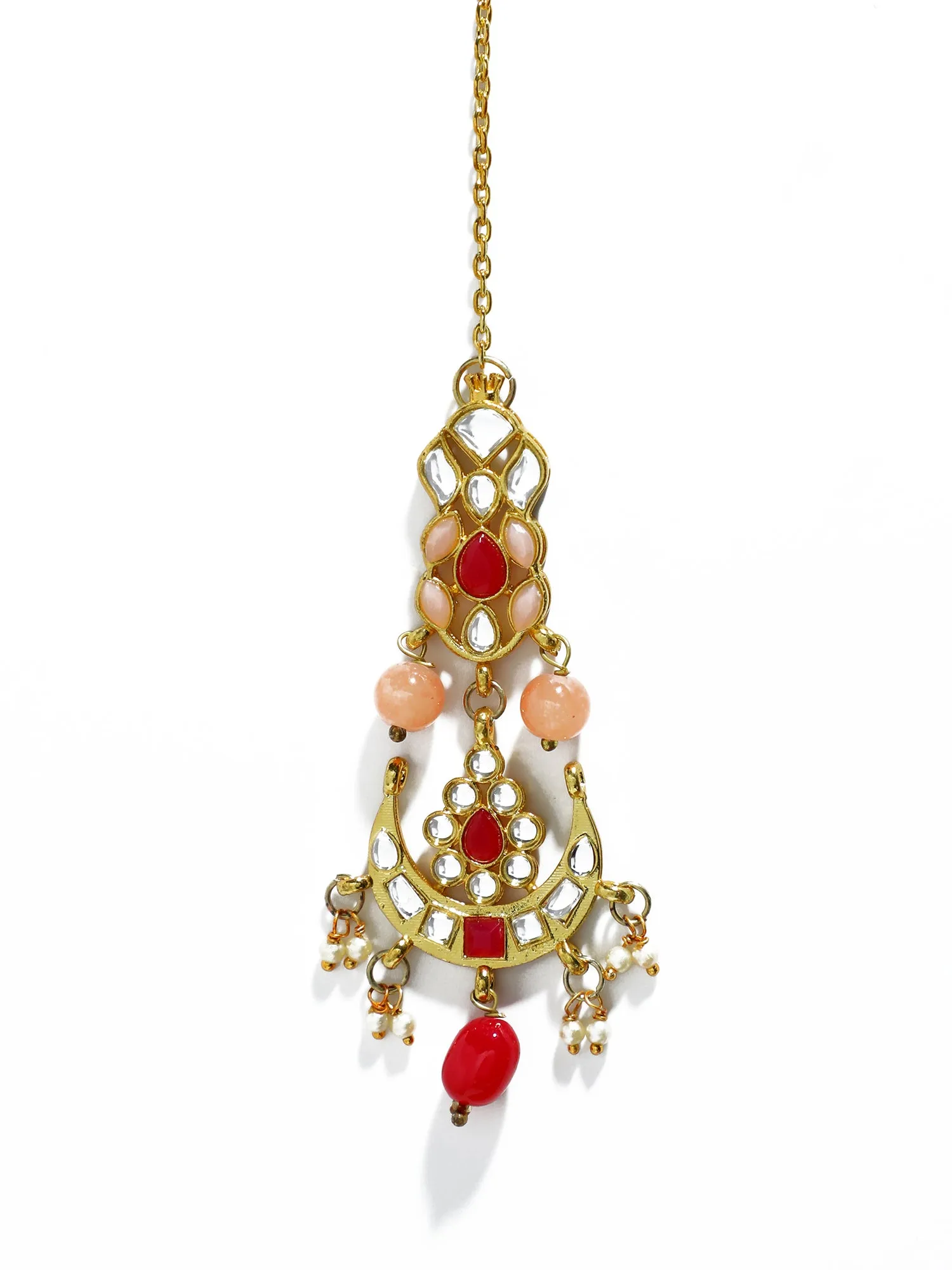 Gold Plated Peach and Red Beads Kundan Dangler Earrings with Maangtikka for Women