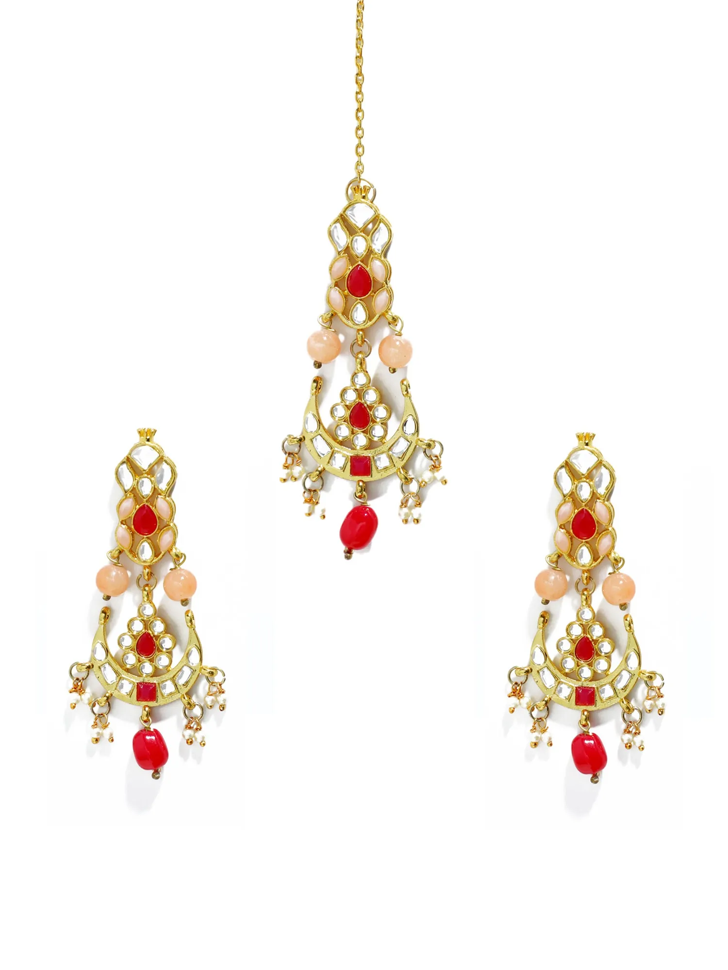 Gold Plated Peach and Red Beads Kundan Dangler Earrings with Maangtikka for Women