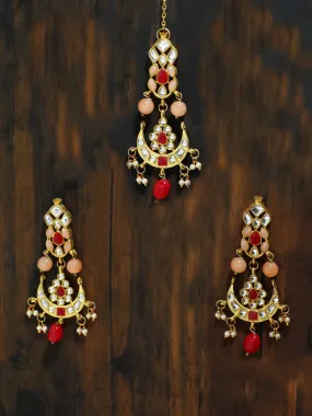 Gold Plated Peach and Red Beads Kundan Dangler Earrings with Maangtikka for Women