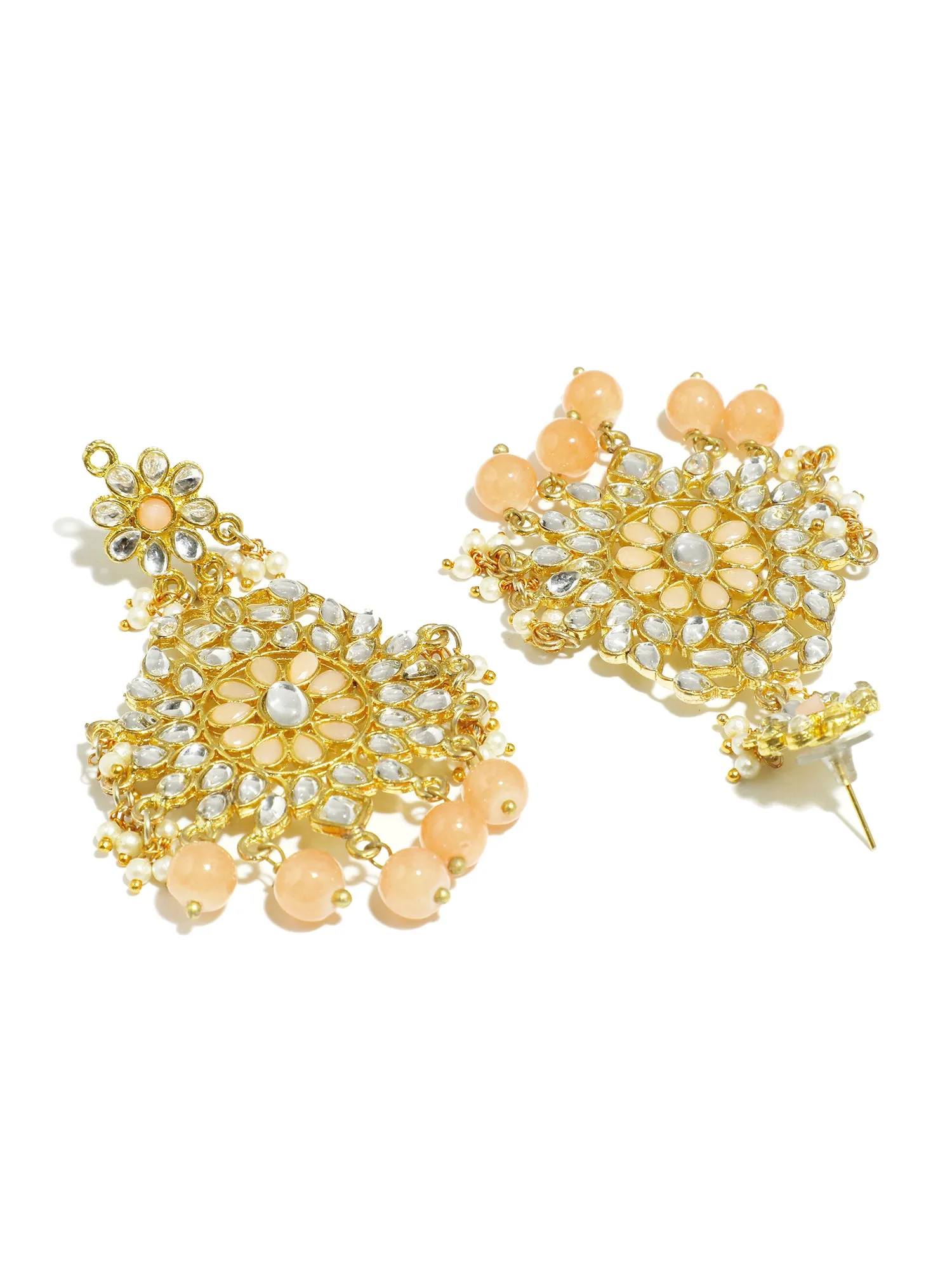 Gold Plated Peach Beads Kundan Dangler Earrings with Maangtikka for Women