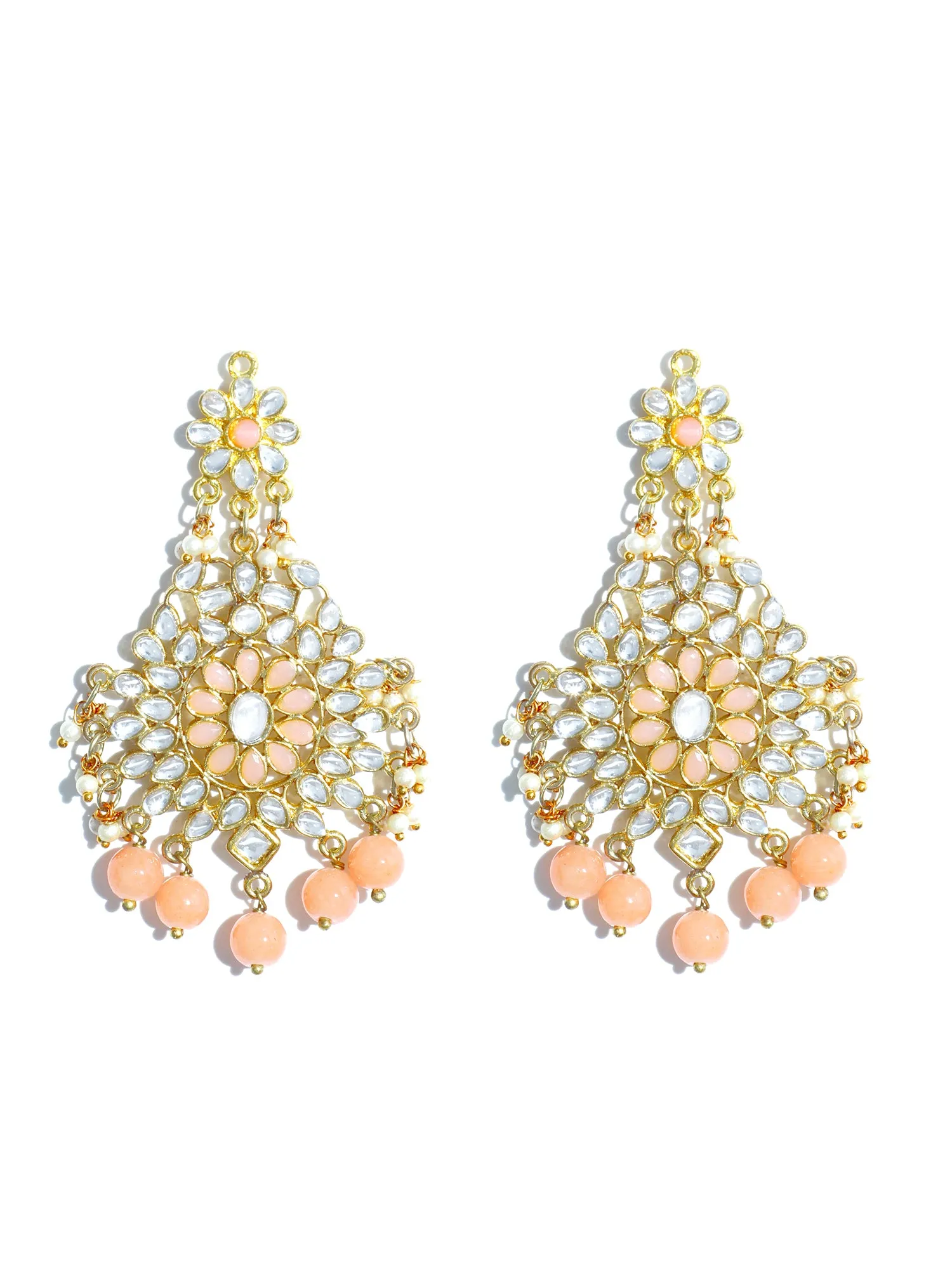 Gold Plated Peach Beads Kundan Dangler Earrings with Maangtikka for Women