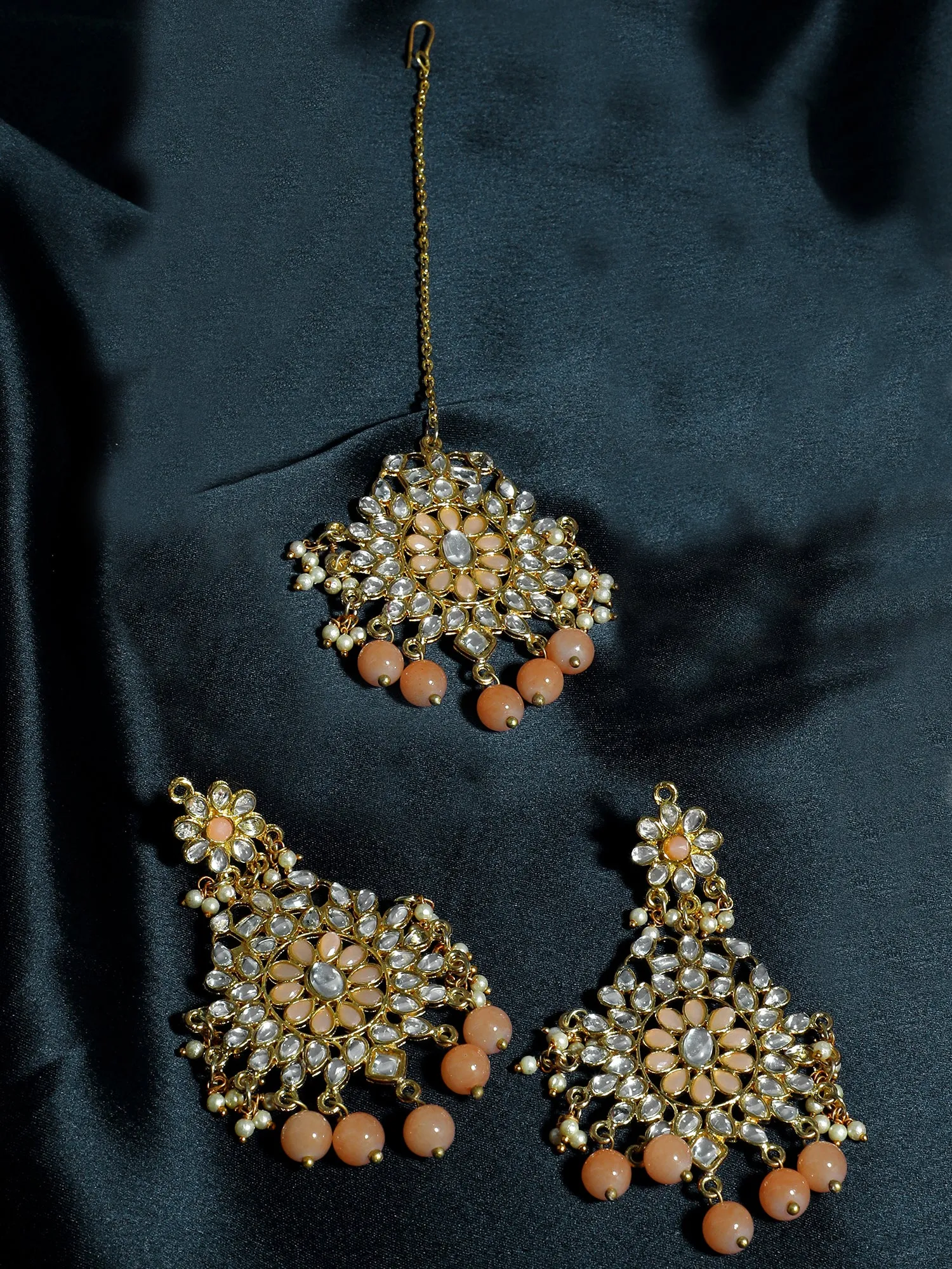 Gold Plated Peach Beads Kundan Dangler Earrings with Maangtikka for Women