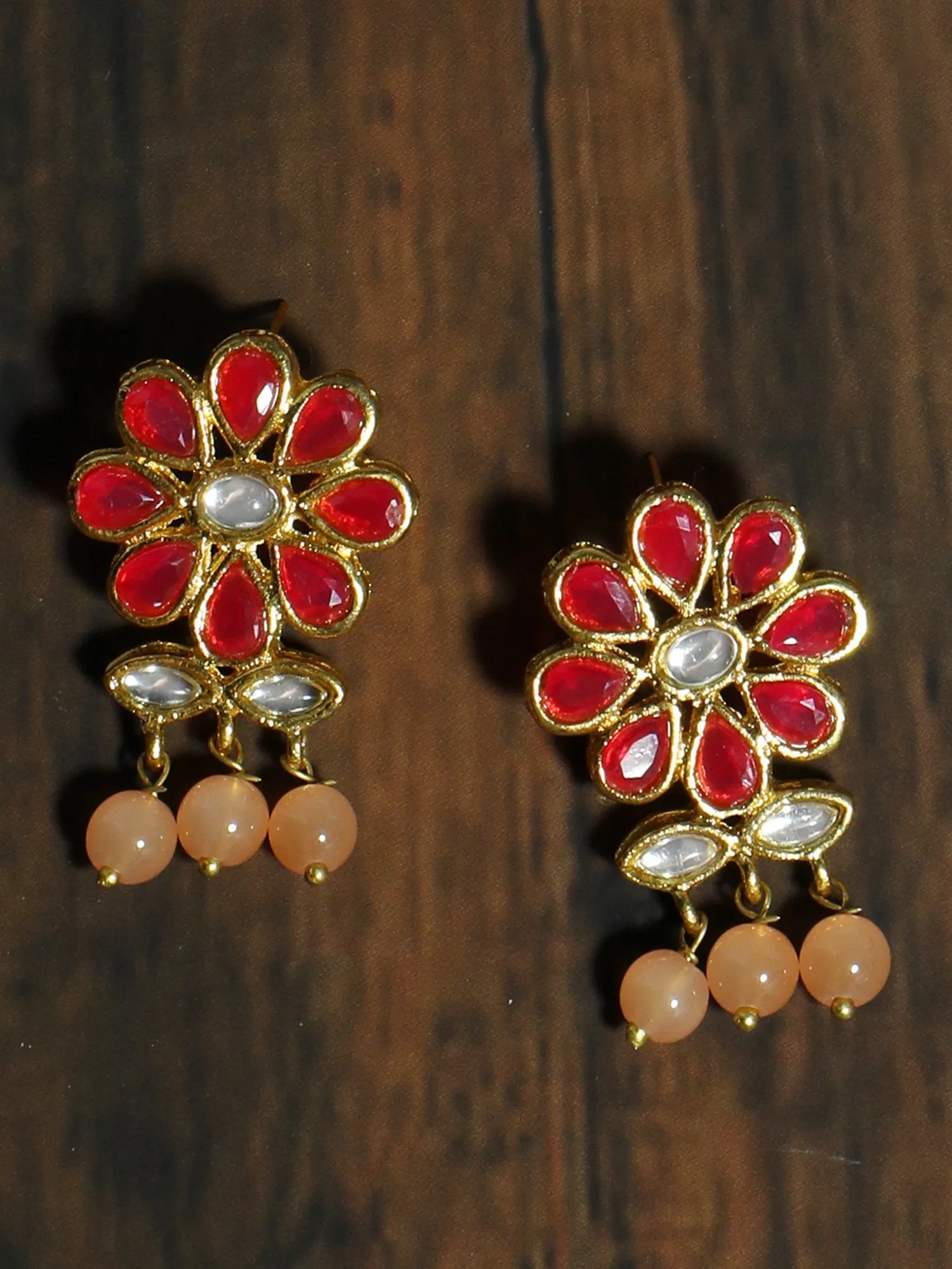 Gold Plated Peach Beads Red Kundan Dangler Earrings for Women