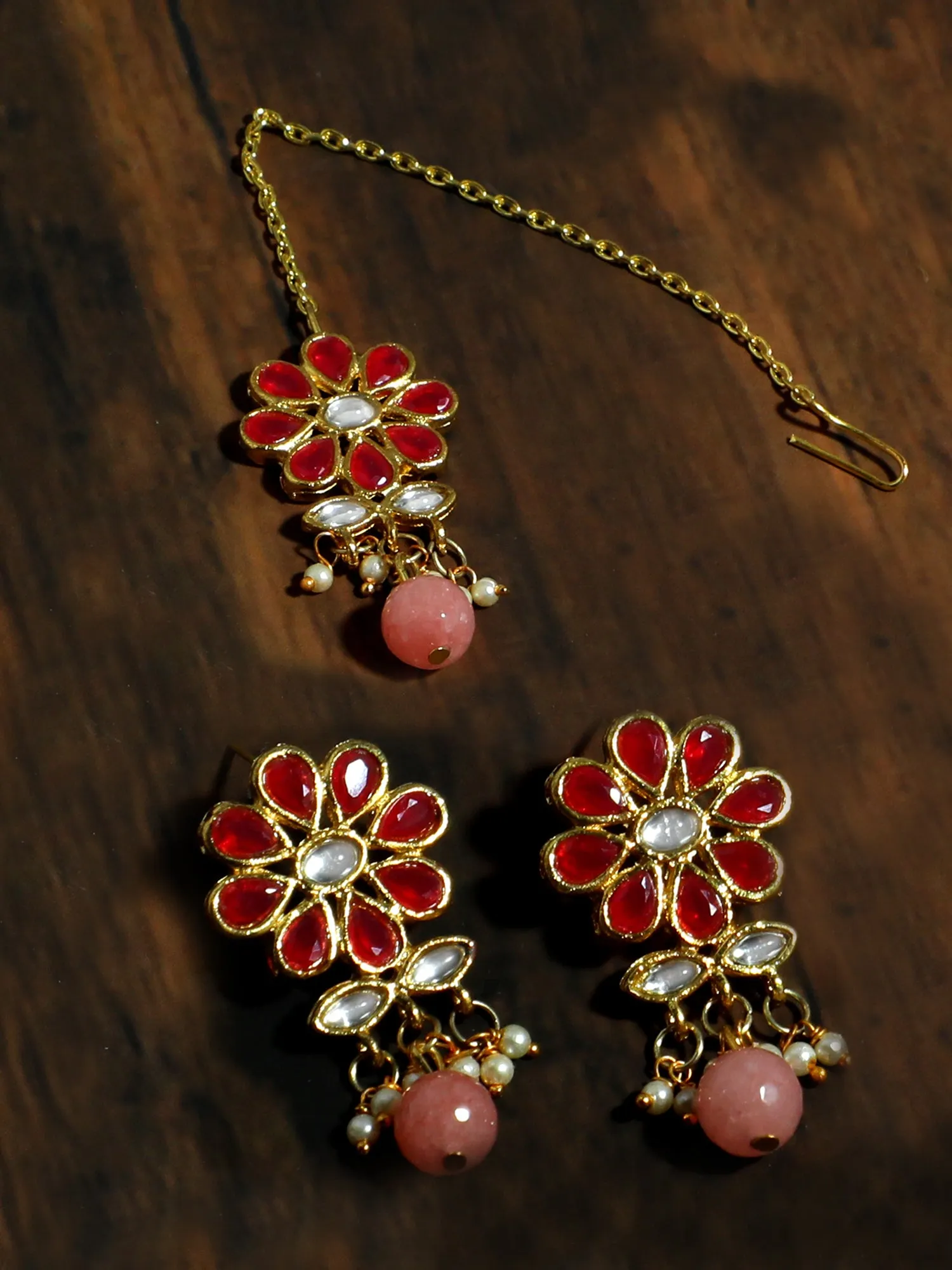 Gold Plated Peach Beads Red Kundan Dangler Earrings with Maangtikka for Women