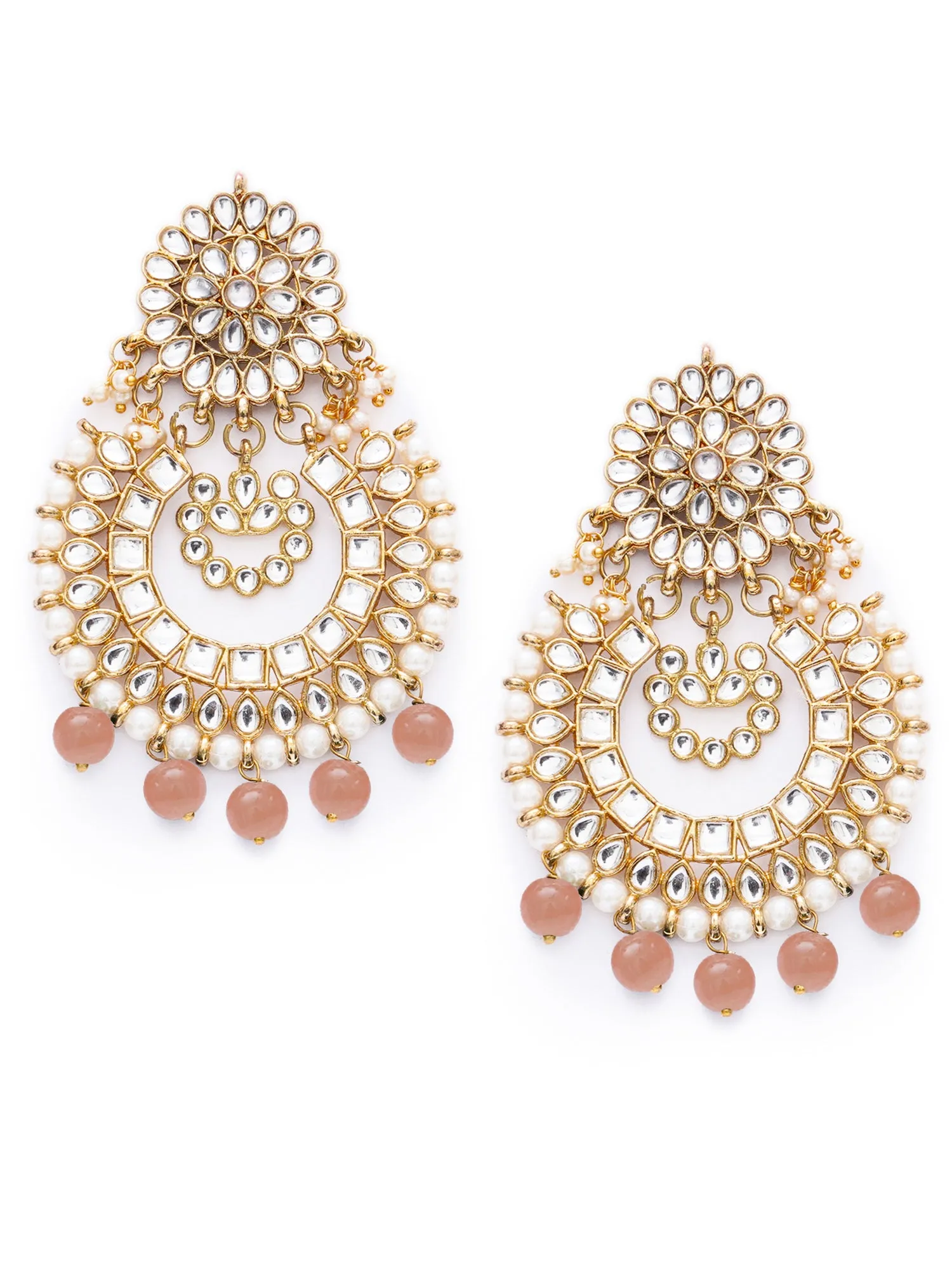 Gold Plated Peach Drop Kundan Chandbali Earrings