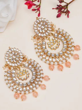 Gold Plated Peach Drop Kundan Chandbali Earrings