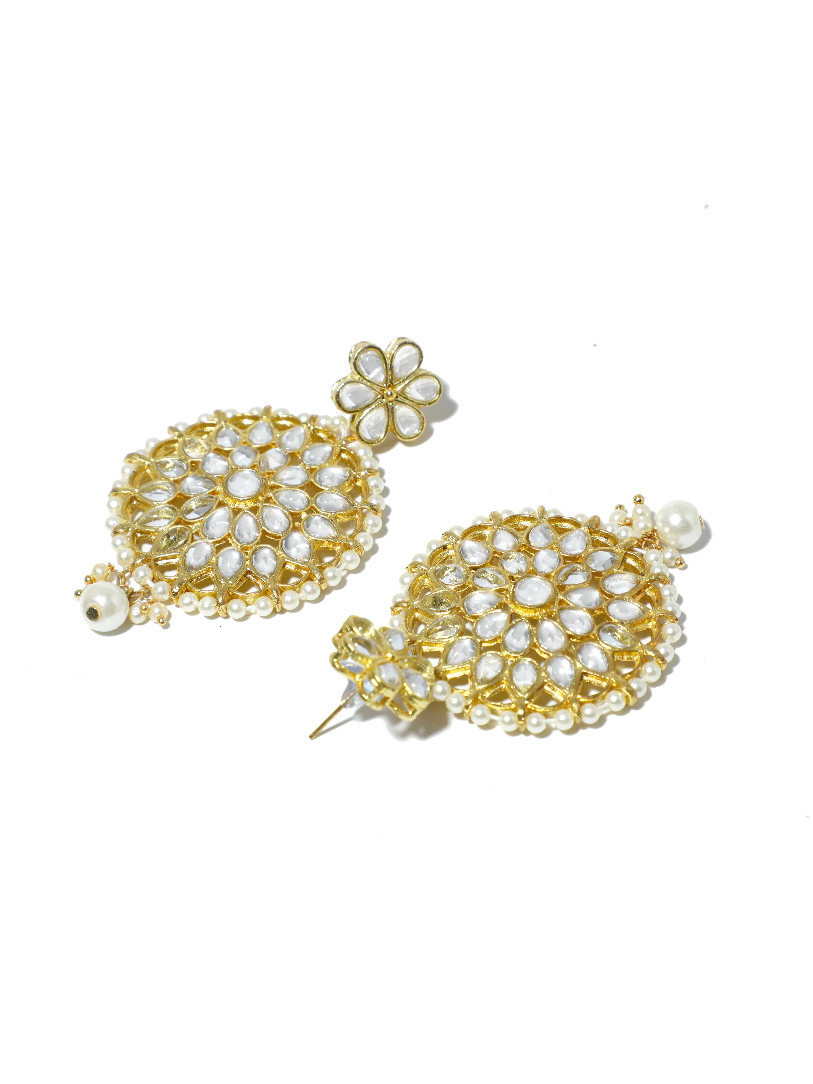 Gold Plated Pearl Bead Kundan Dangler Earrings